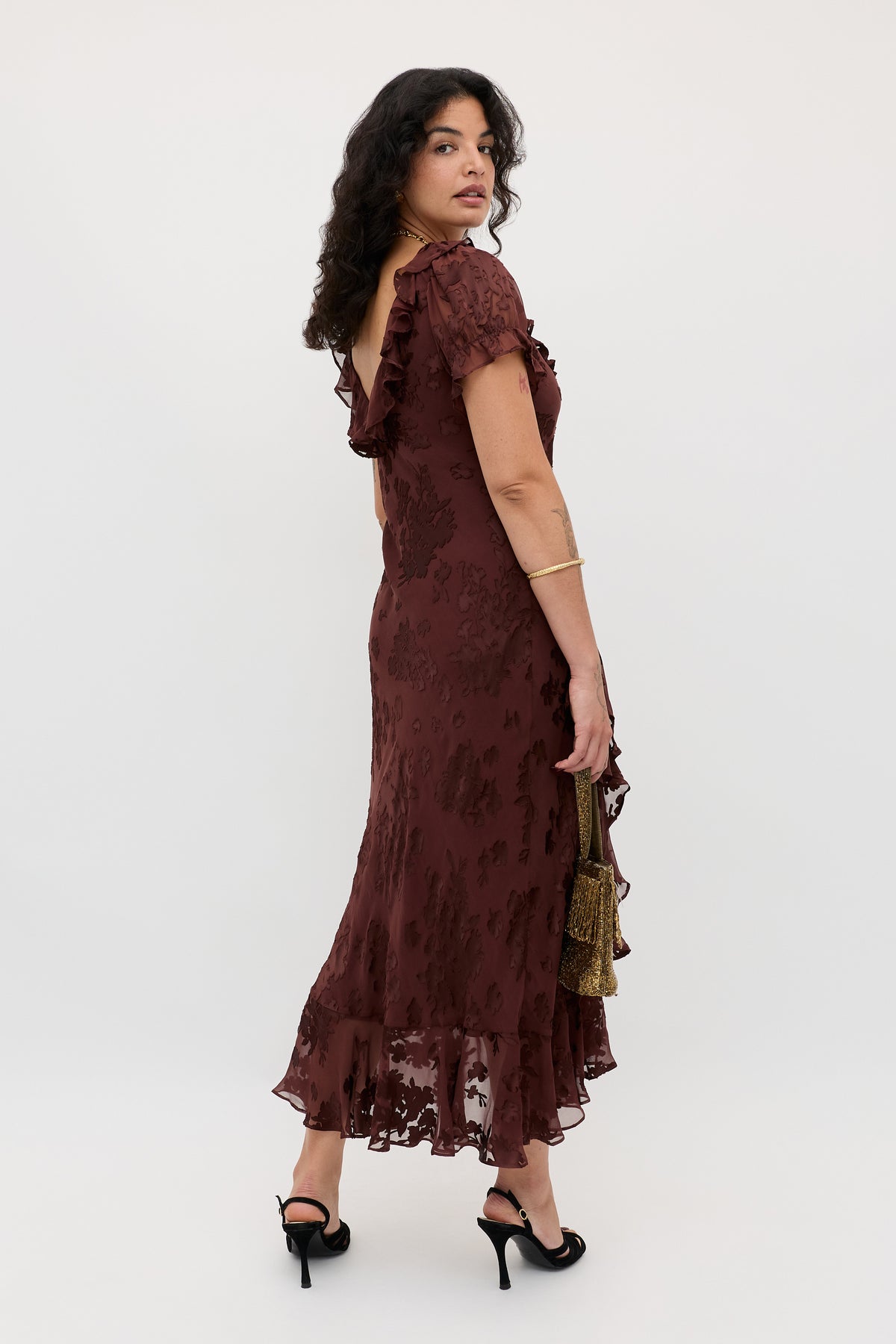 brown dress with gold heels Women's Outfit: Dark Brown Embellished Sheath Dress, Gold Leather Heeled Sandals