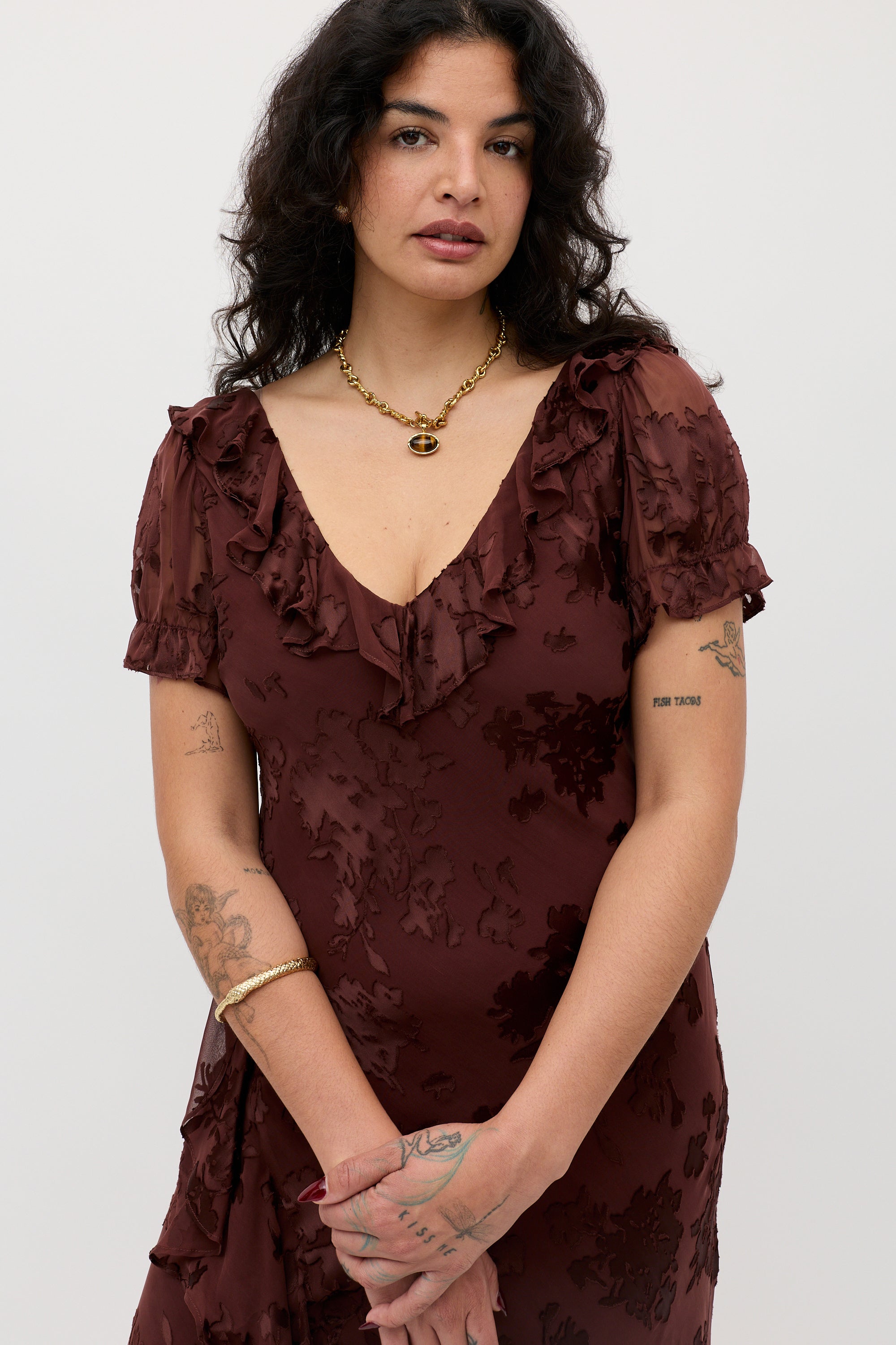 Clementina Silk-Satin Devoré Midi Dress in Bouquet Devoré Brown