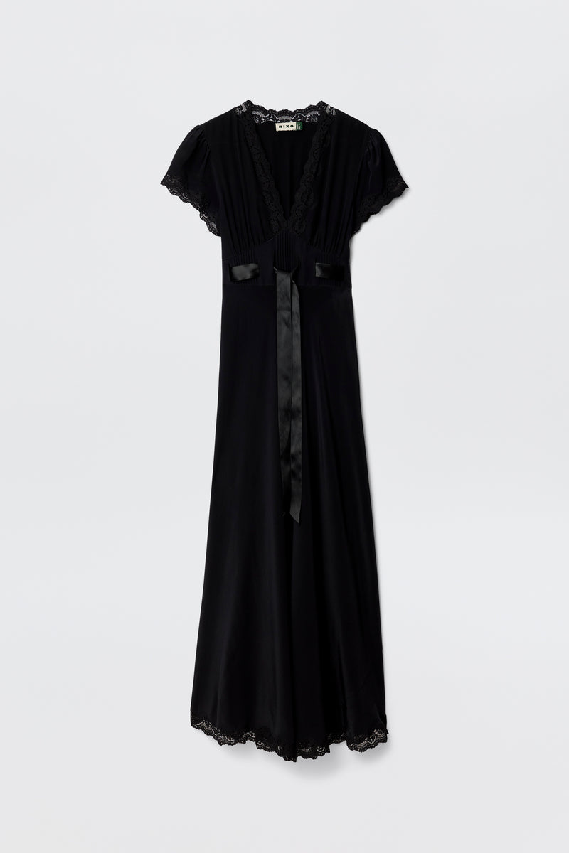 The Marlice - Black is a long black dress with short sleeves, lace trim on the neckline, sleeves, and hem, plus a satin bow sash at the waist—an elegant choice for your collection—shown against a plain white background.