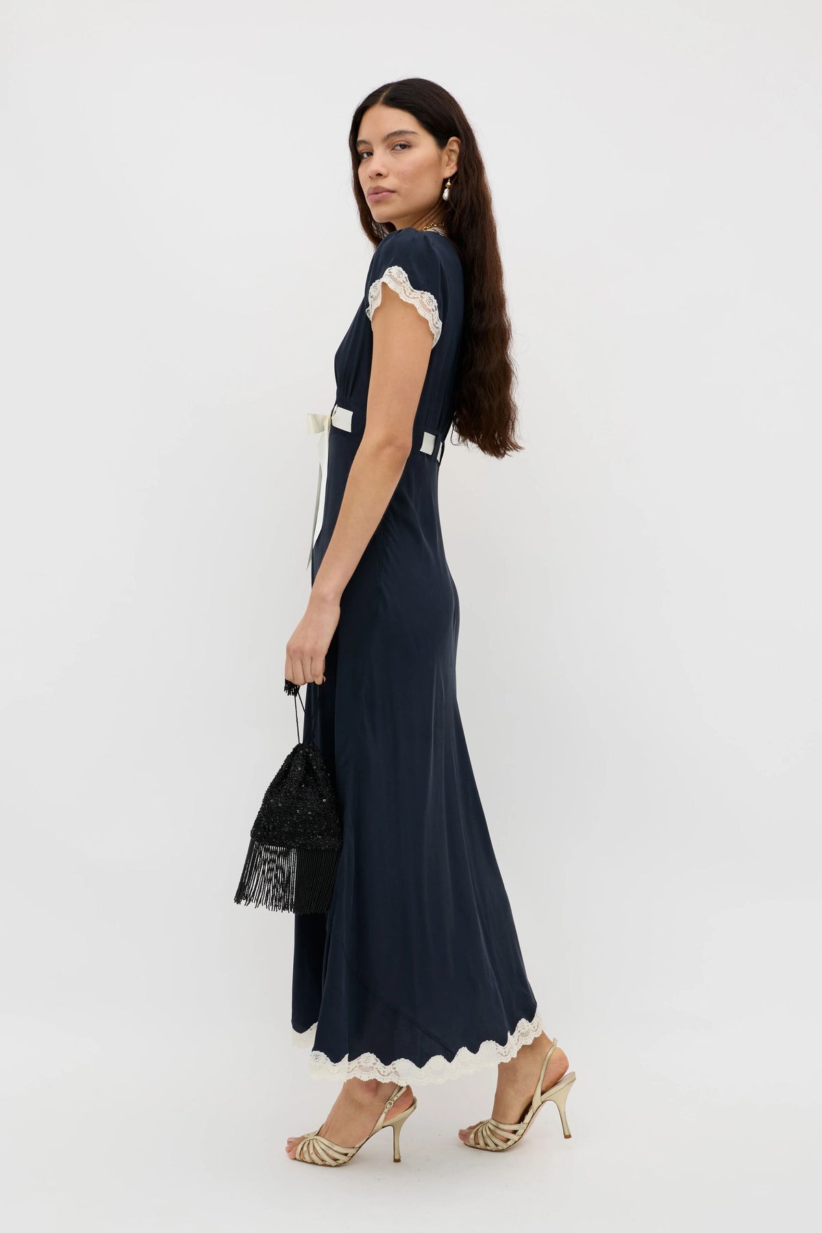navy dress with white lace trim All The Right Reasons Navy Satin Lace Trim Maxi Dress
