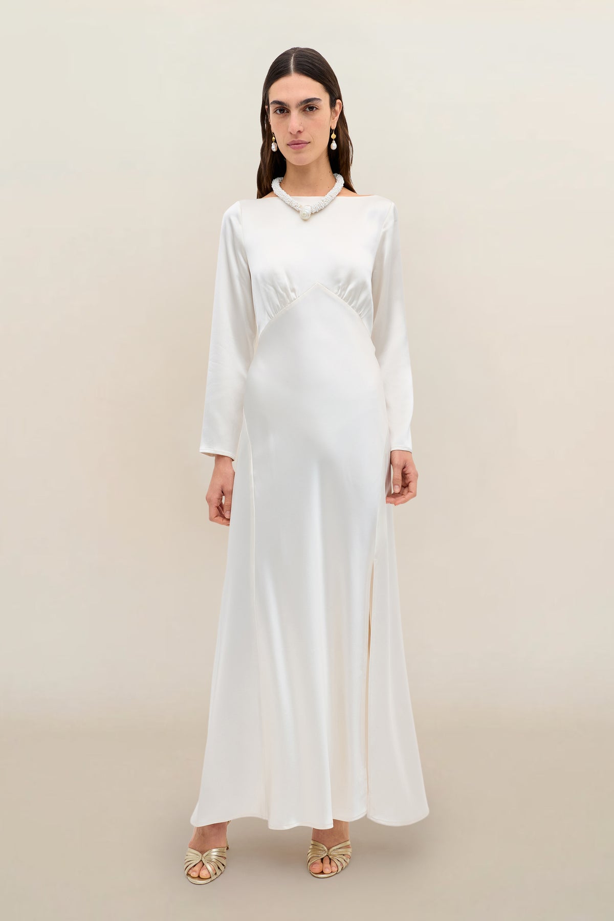 Devina Satin Back Crepe Gown in Ivory Pearl | RIXO USA Devina Satin Back Crepe Gown in Ivory Pearl | RIXO USA