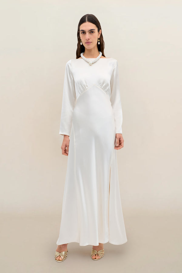 Devina Satin Back Crepe Gown in Ivory Pearl