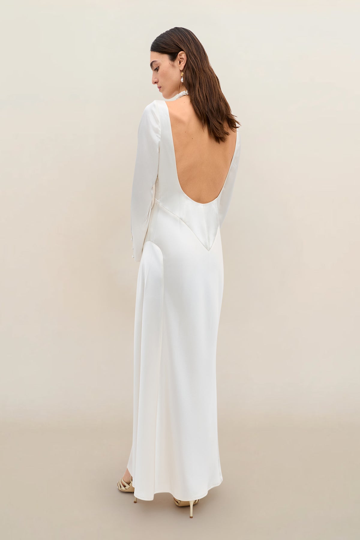 ivory dress with pearls Devina Satin Back Crepe Gown in Ivory Pearl
