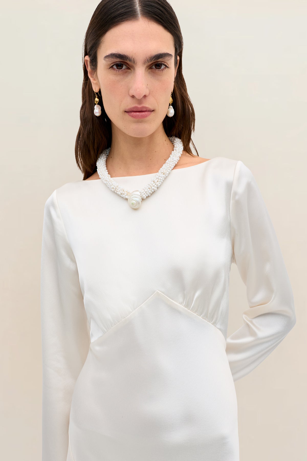 Devina Satin Back Crepe Gown in Ivory Pearl | RIXO USA