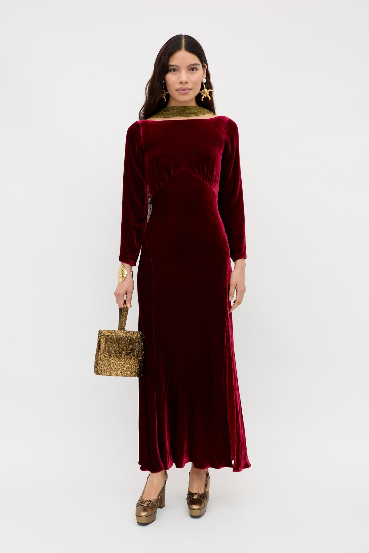 blue dress for baby girl Devina Silk-Velvet Gown in Burgundy