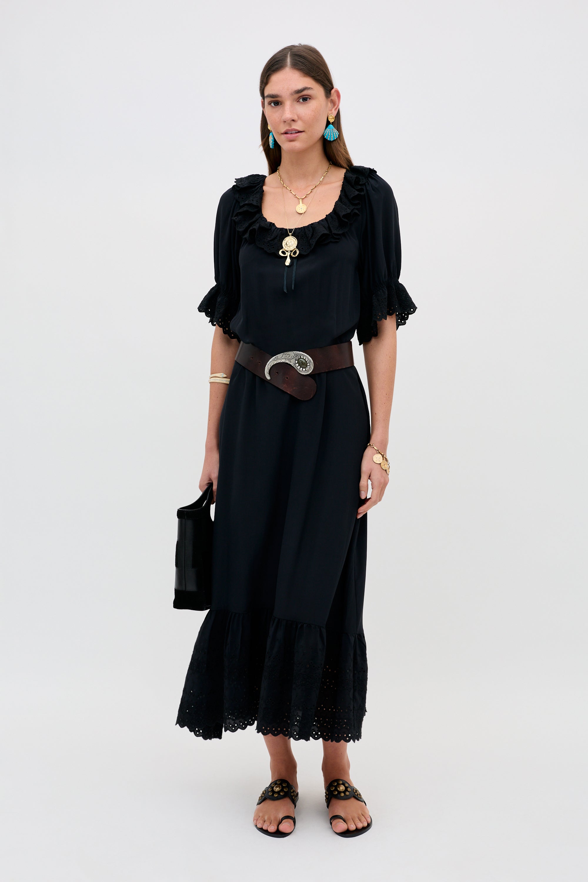 Aprilia Silk Midi Dress in Gracie Embroidery Black | RIXO ⋆