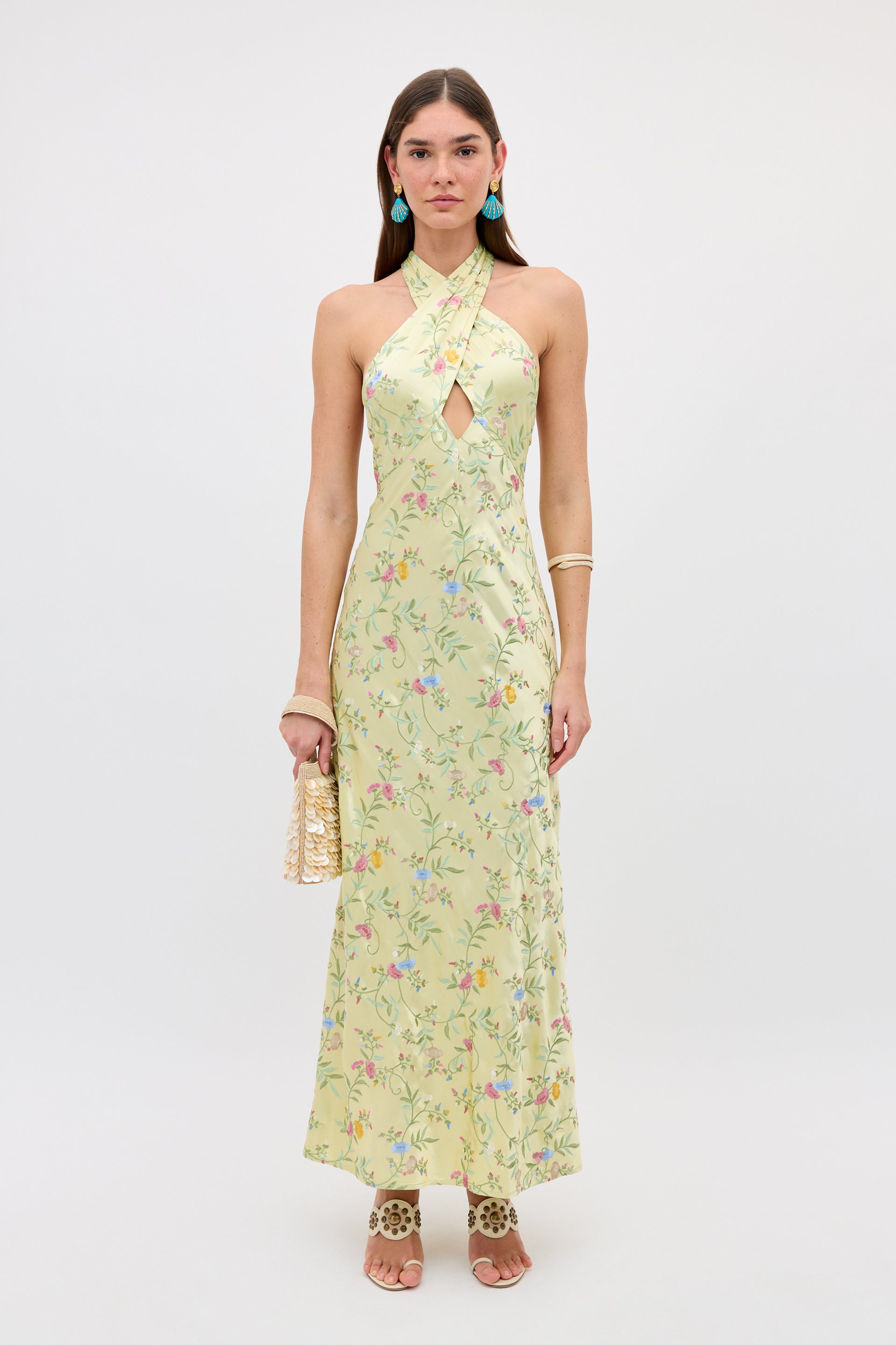 embroidered halter dress Dune Satin Embroidered Gown in Botanical Embroidery Green