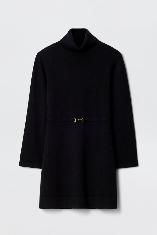Aly - Black: A cozy wool-cashmere knit turtleneck sweater dress with long sleeves, straight silhouette, and a gold waist buckle—your perfect winter LBD, shown on a plain light background.