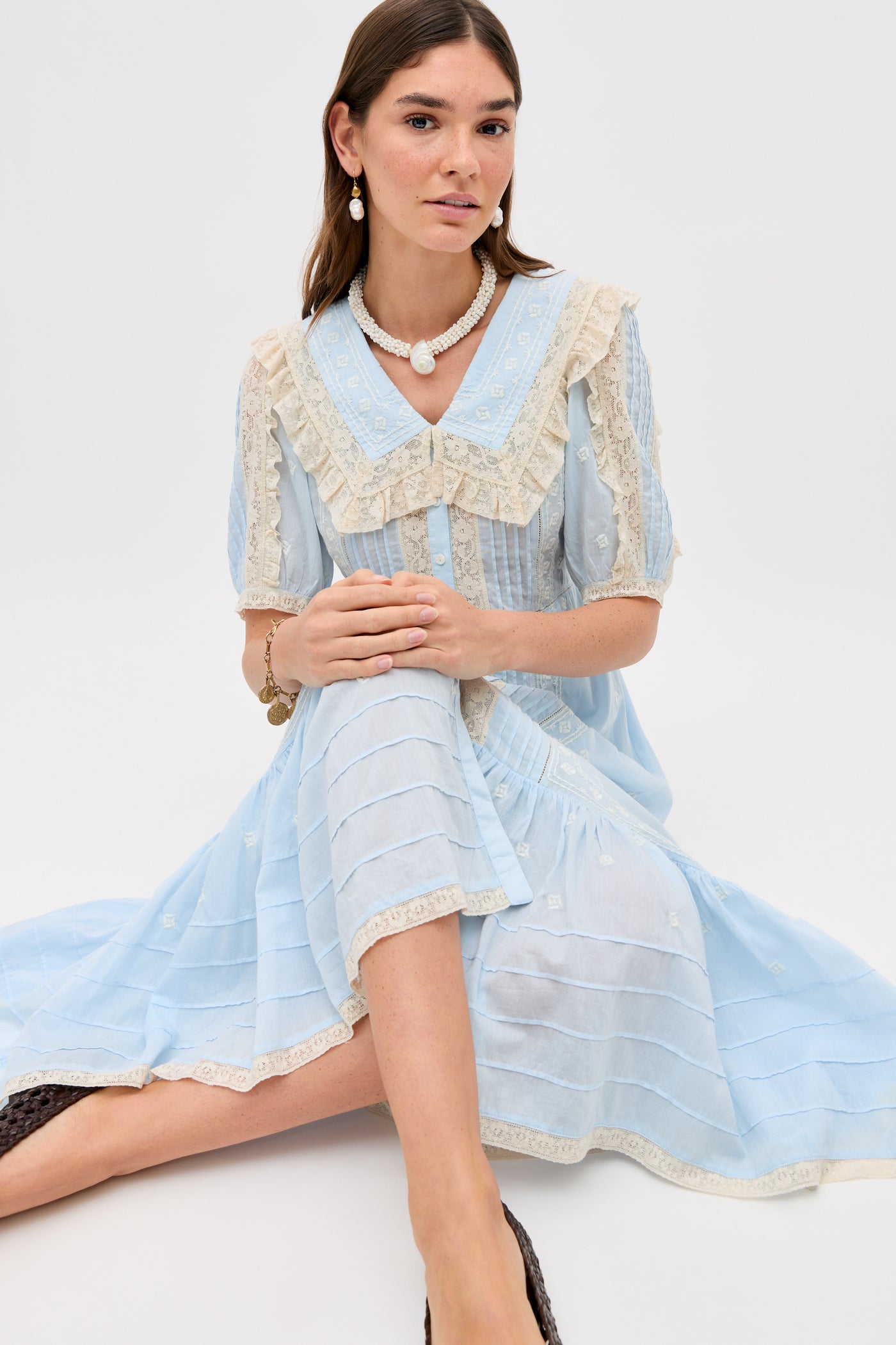 Edina Embroidered Cotton Midi Dress in Mira Embroidery Powder Blue