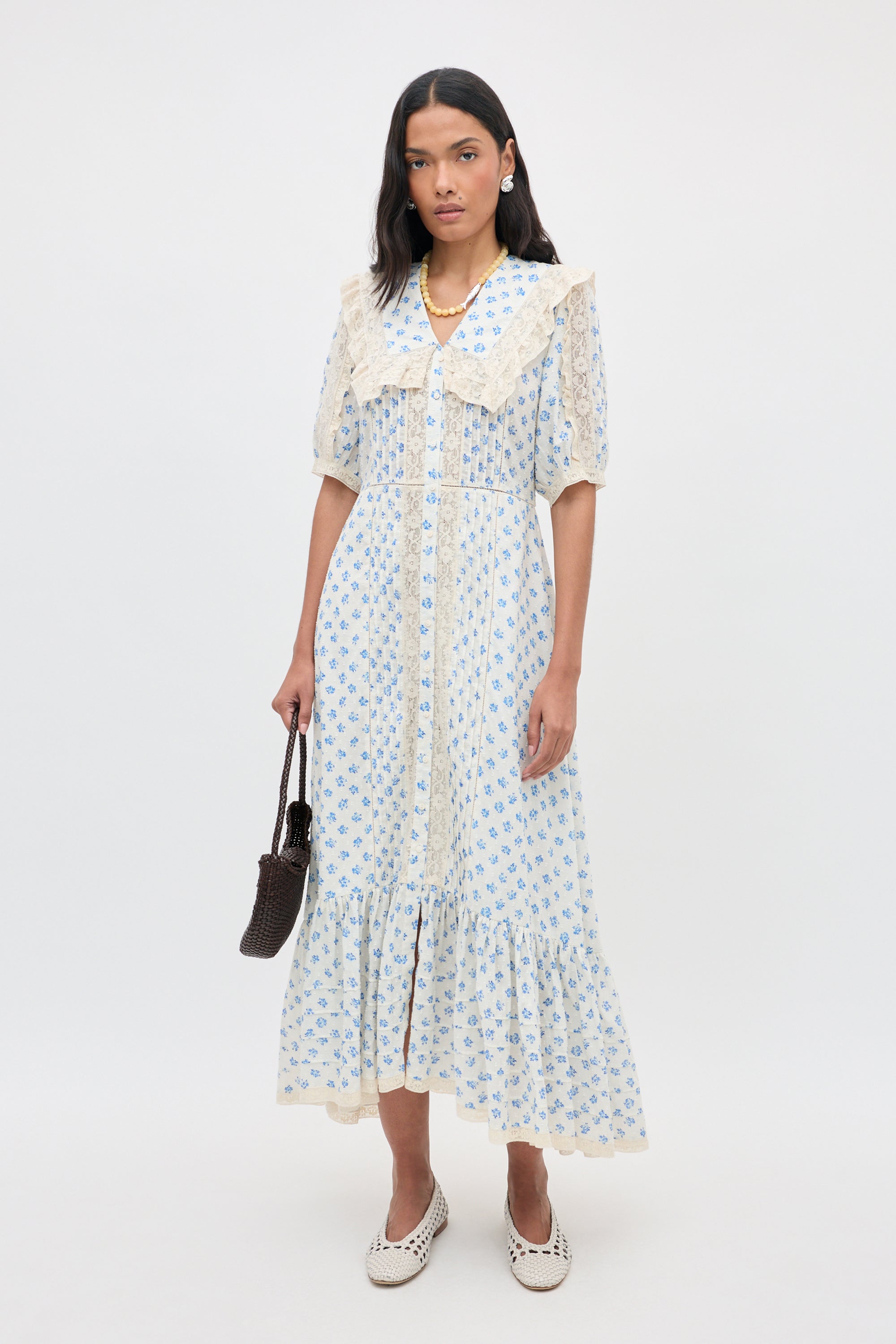 Edina Cotton Midi Dress in White Seville Floral Cream | RIXO USA ⋆