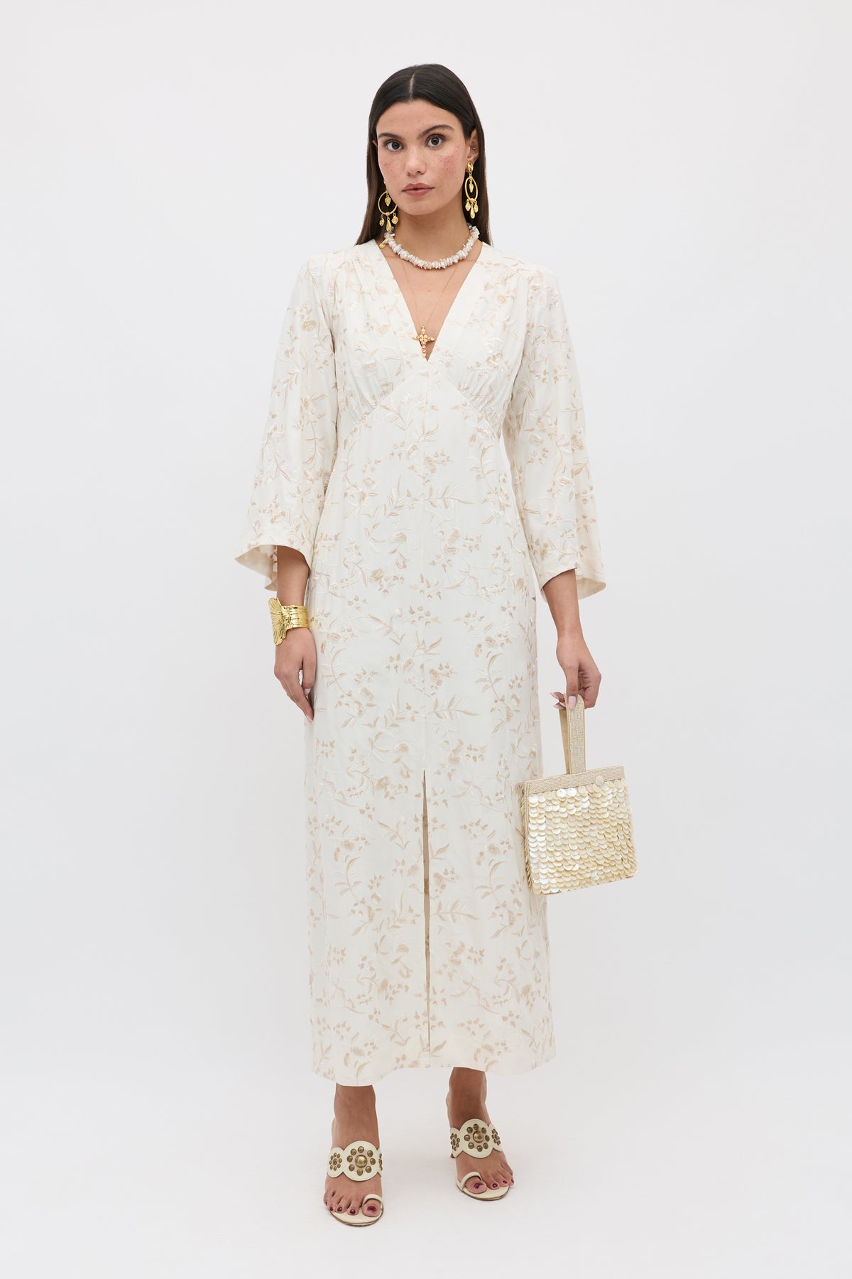 Dahlia Embroidered Dress in Ivory Botanical Embroidery Pearl | RIXO Dahlia Embroidered Dress in Ivory Botanical Embroidery Pearl | RIXO