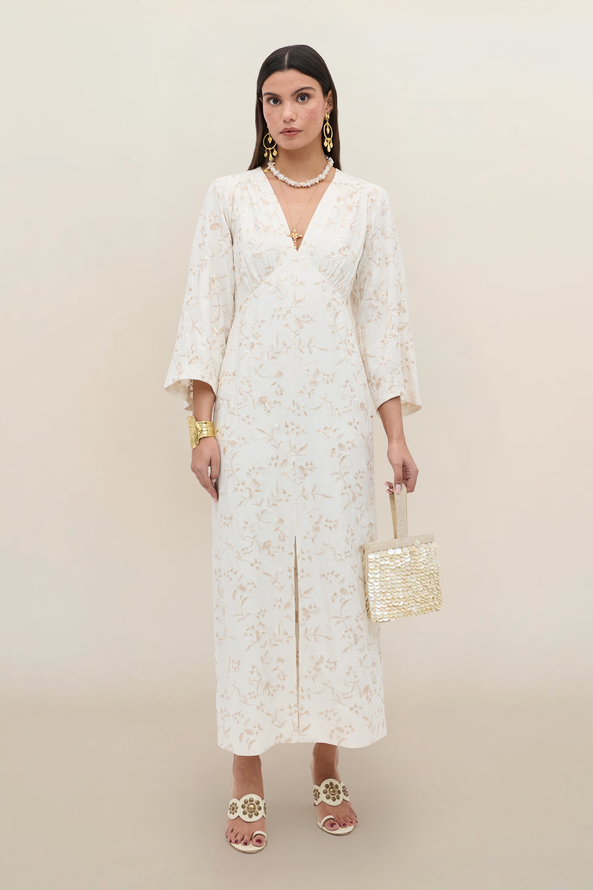 Fawn Embroidered Midi Dress in Ivory Botanical Embroidery Pearl