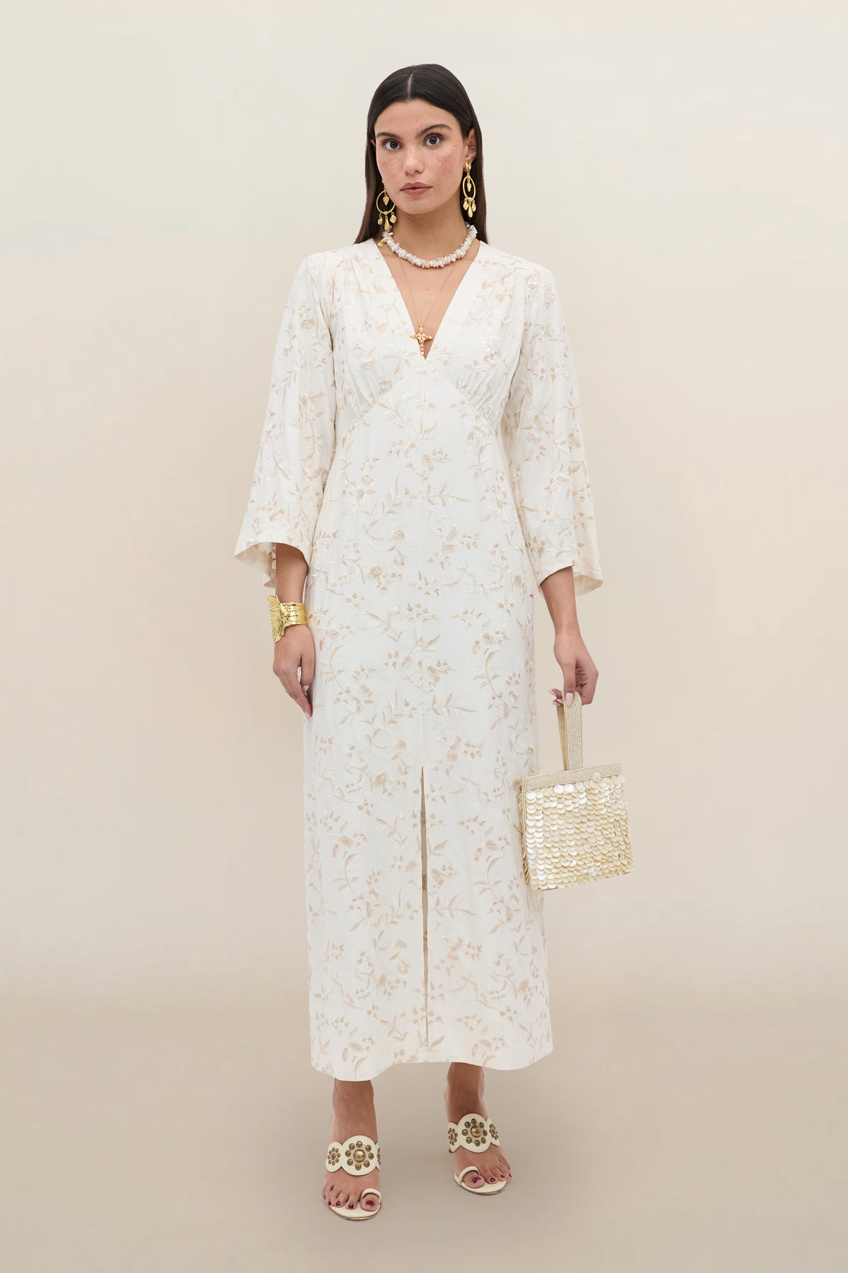 Fawn Embroidered Midi Dress in Ivory Botanical Embroidery Pearl | RIXO Fawn Embroidered Midi Dress in Ivory Botanical Embroidery Pearl | RIXO