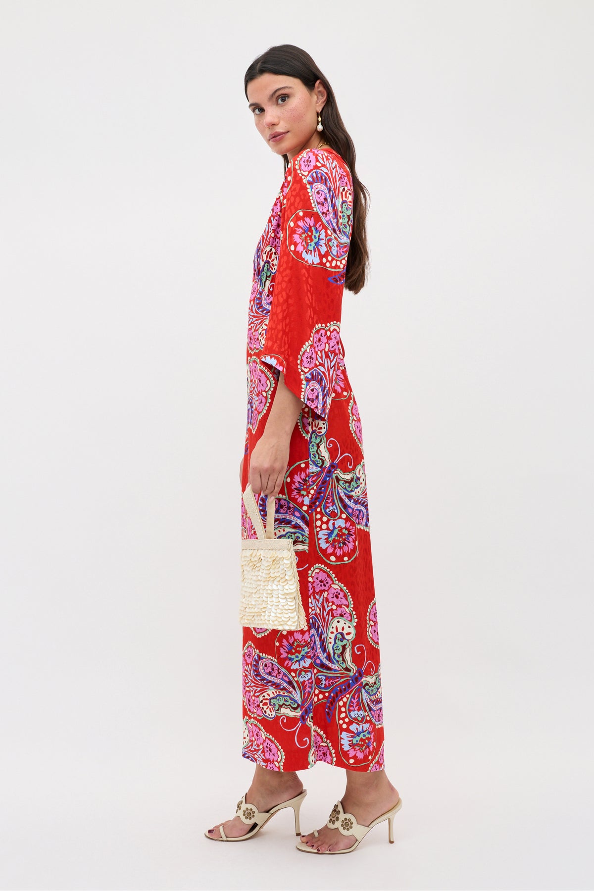 Dahlia Satin Jacqaurd Midi Dress in Butterfly Bloom Jacquard Red | RIXO Ireland Dahlia Satin Jacqaurd Midi Dress in Butterfly Bloom Jacquard Red | RIXO Ireland