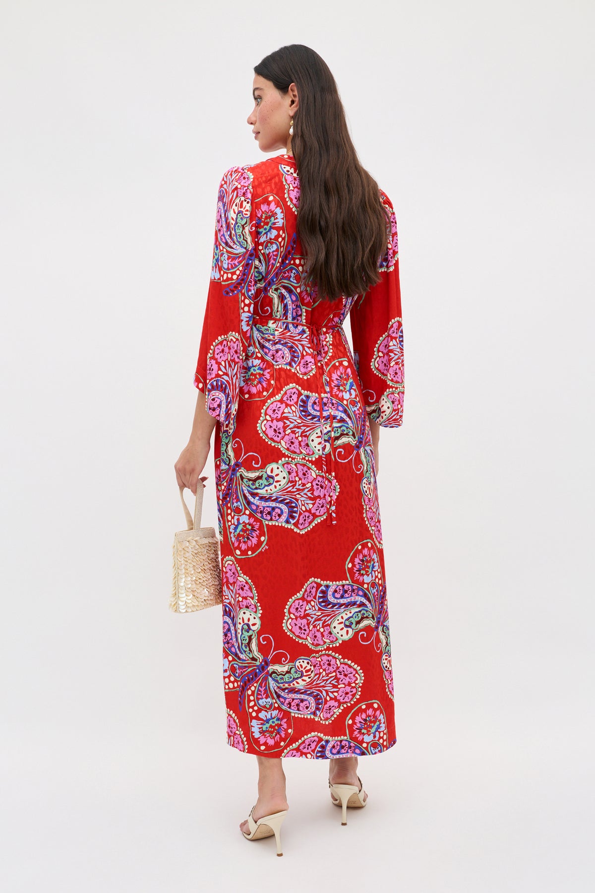 red floral jacquard lace up back midi dress Hlne red floral-jacquard midi dress