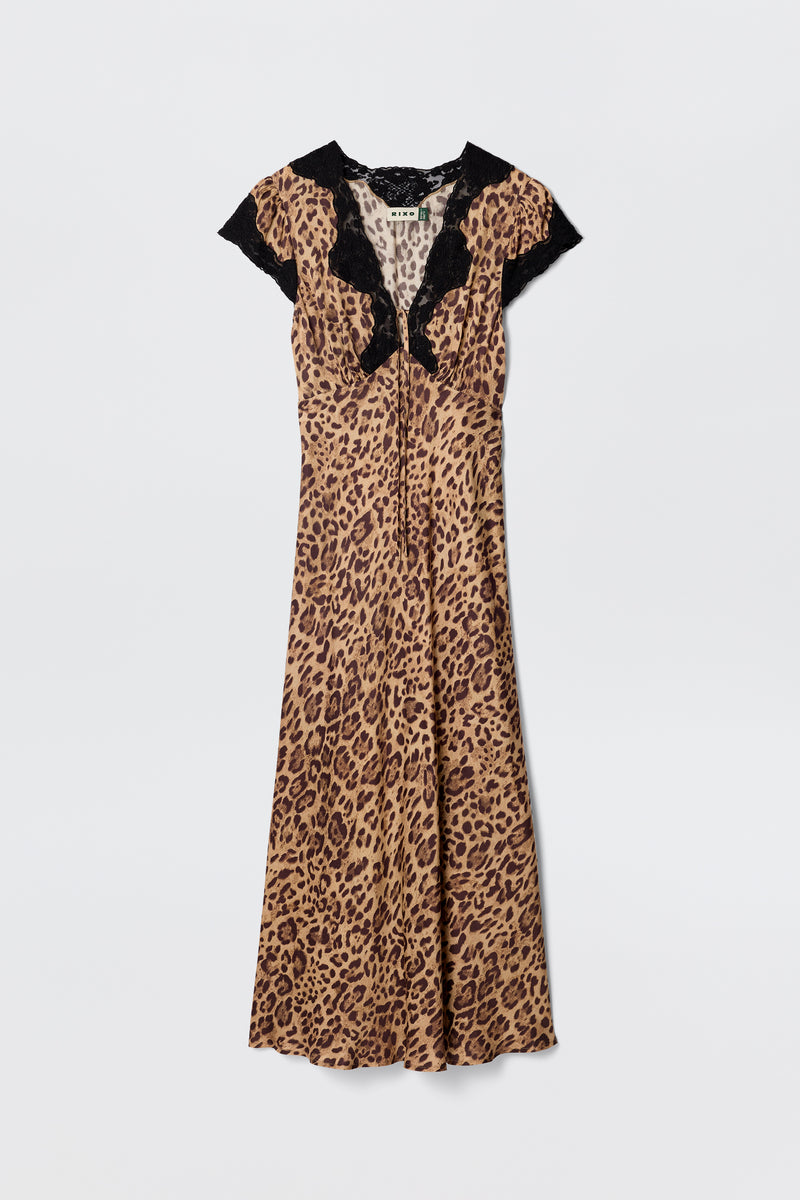 Amari Satin Midi Dress in Mila Leopard Brown | RIXO USA Amari Satin Midi Dress in Mila Leopard Brown | RIXO USA