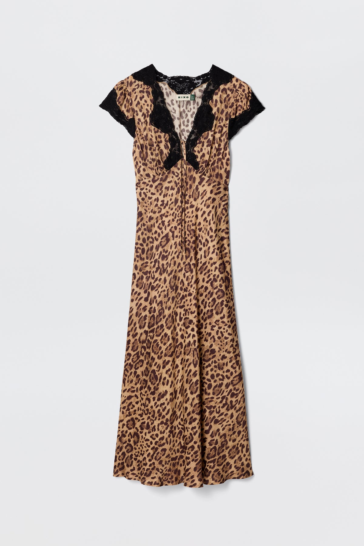 The Amari - Mila Leopard Brown is a short-sleeved, bias-cut leopard print dress with black lace trim at the neckline and shoulders, shown against a plain white background.