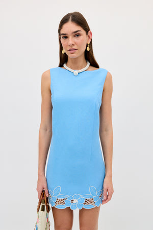 Bingley Embroidered Linen Mini Dress in Daisy Cutwork Embroidery Blue | RIXO Bingley Embroidered Linen Mini Dress in Daisy Cutwork Embroidery Blue | RIXO