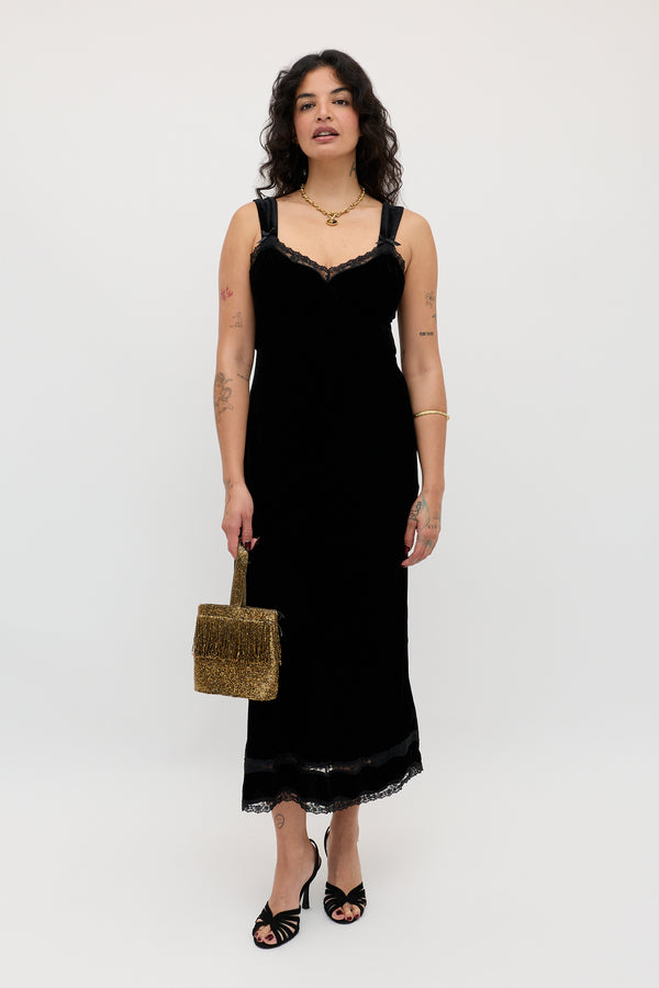 Lucie Silk-Velvet Midi Dress in Black | RIXO USA Lucie Silk-Velvet Midi Dress in Black | RIXO USA