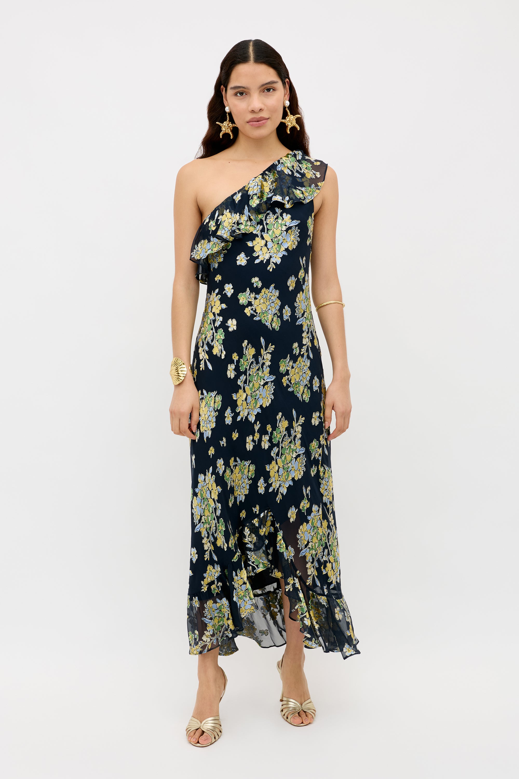 Leon Silk-Satin Midi Devoré in Bouquet Devoré Navy | RIXO USA ⋆