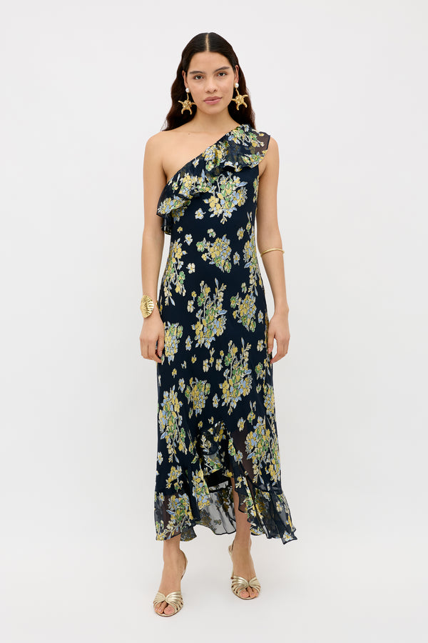 RIXO Leon Silk-Satin Midi Devor Bouquet Navy