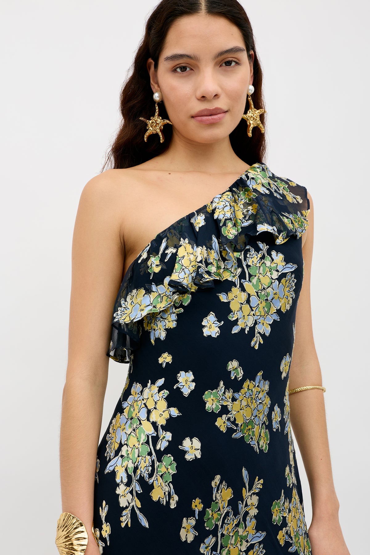 open lace back dress One Shoulder Puff Sleeve Dress in Textured Jacquard Black / 2 main image 0