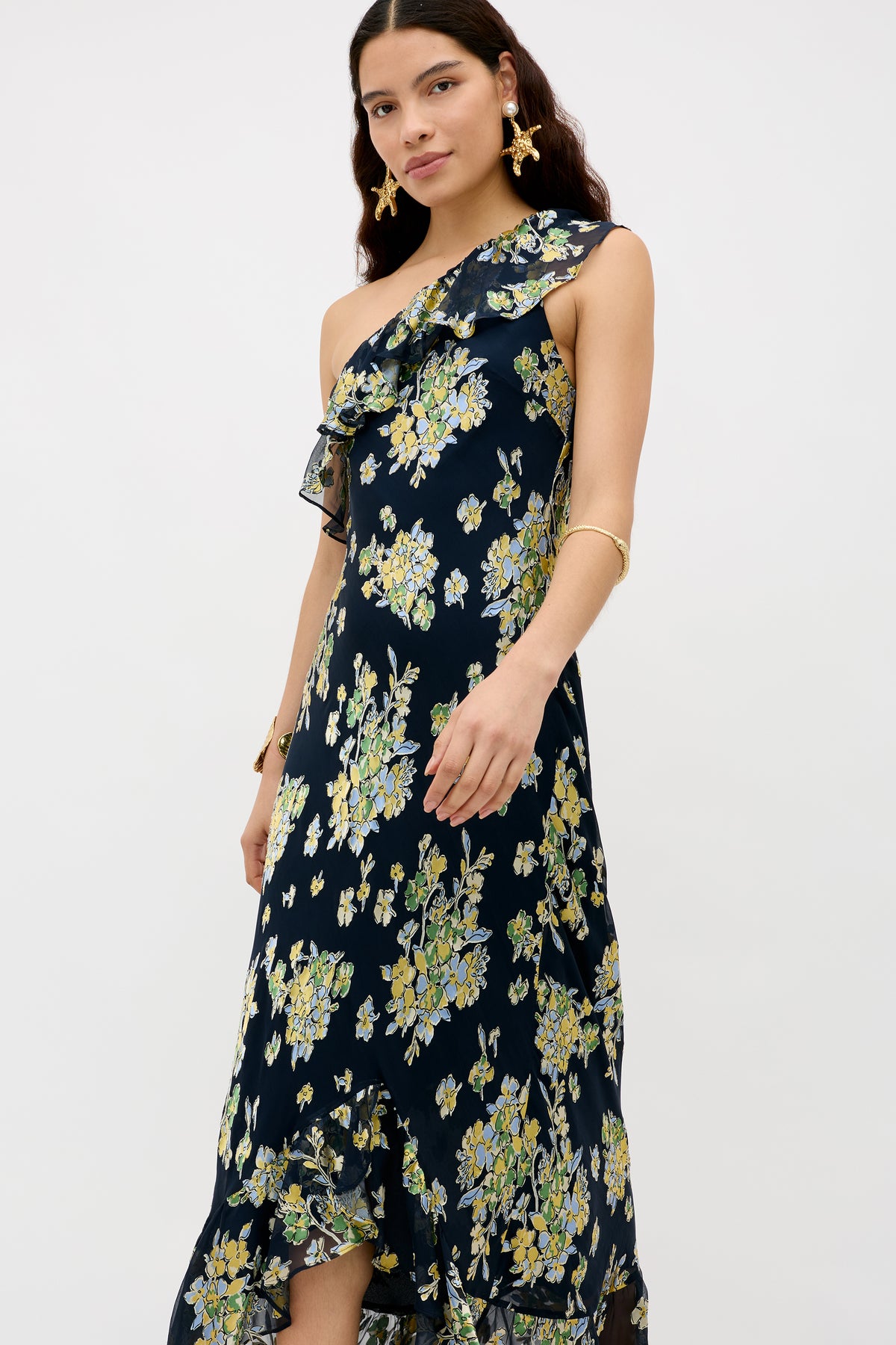 RIXO Leon Silk-Satin Midi Devor Bouquet Navy RIXO Leon Silk-Satin Midi Devor Bouquet Navy