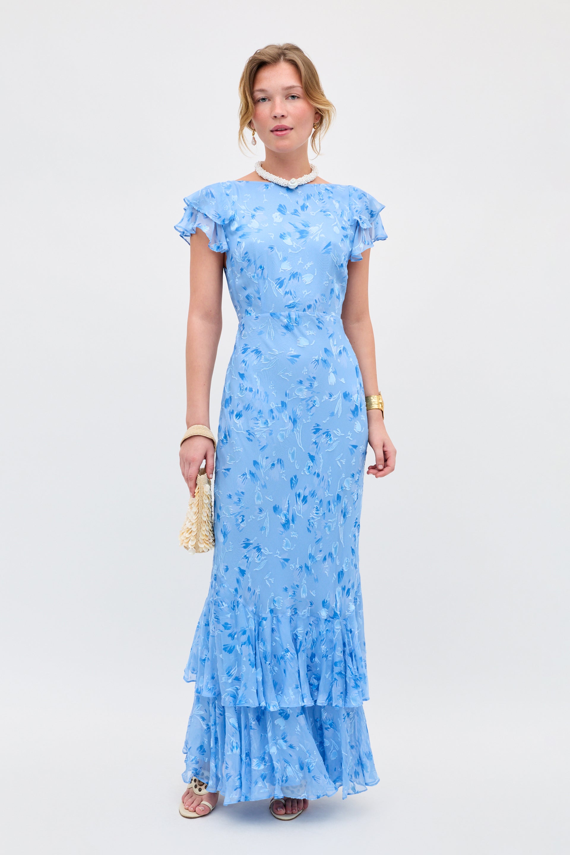 ae maxi dress Ordinia Silk-Satin Devoré Gown in Ava Devore Blue