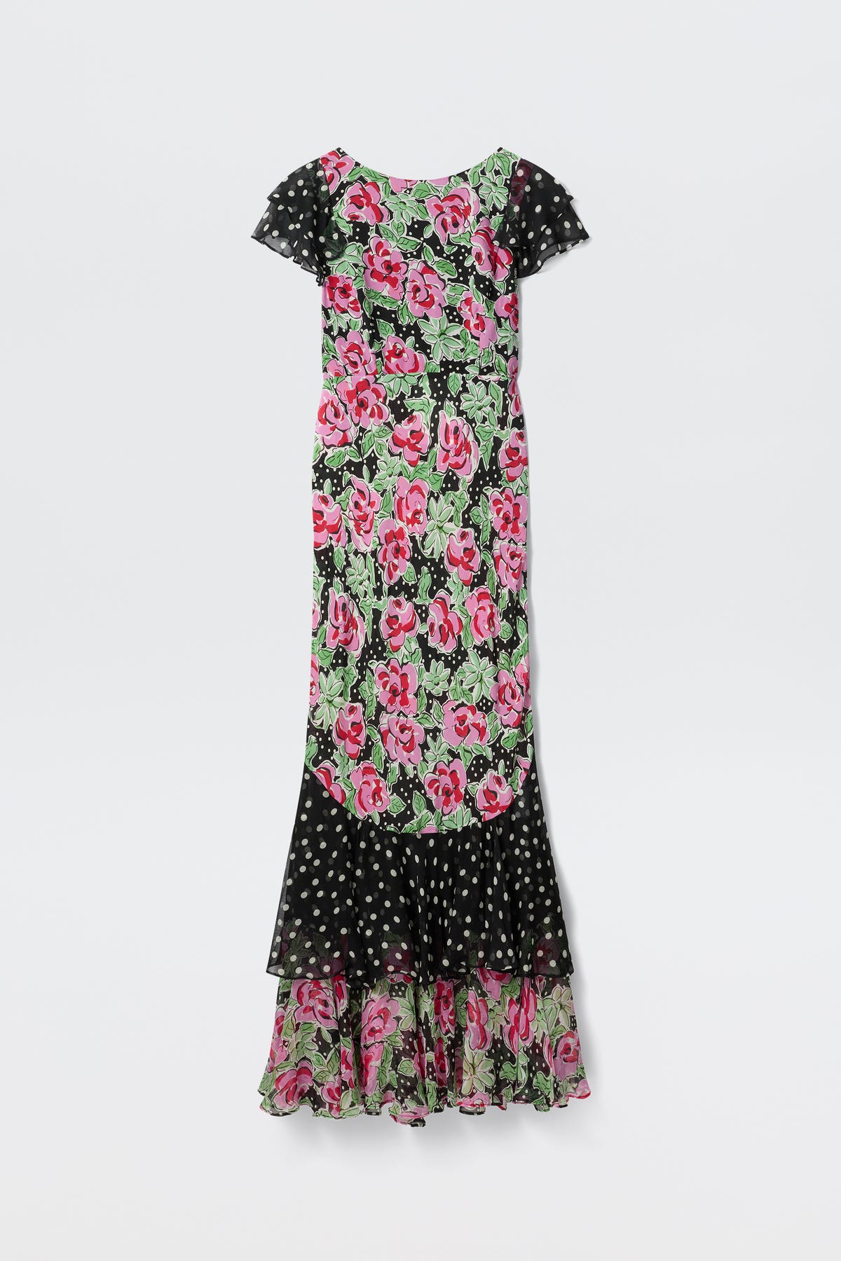 The Ordinia - Rose Dot Mix Black is a long, short-sleeved dress featuring a pink and green floral pattern with black sections adorned with white polka dots on the sleeves, waist, and lower flared skirt.