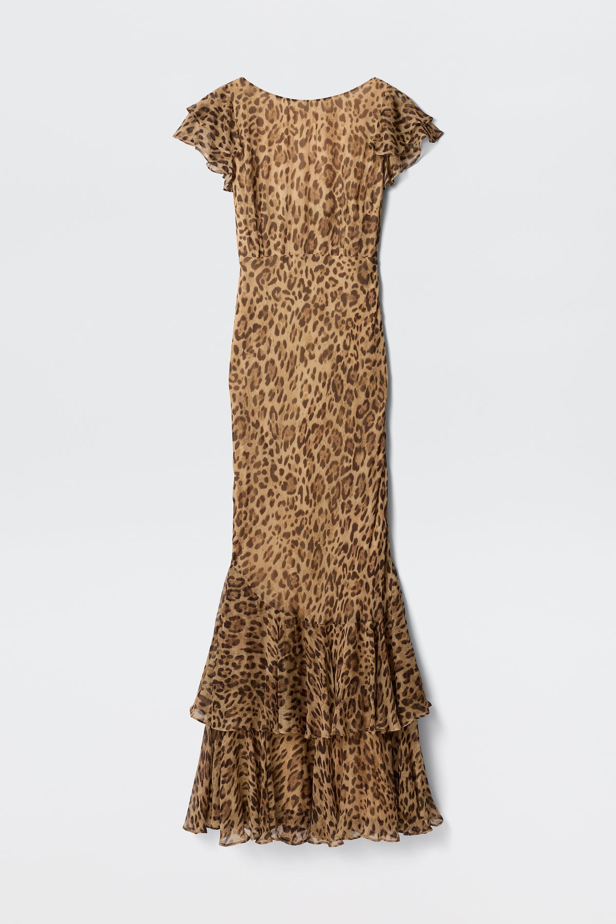 The Ordinia - Mila Leopard Brown gown features a brown and black leopard print, short flutter sleeves, and a flared tiered hem. This long, fitted dress is shown against a plain white background—perfect for black-tie weddings.