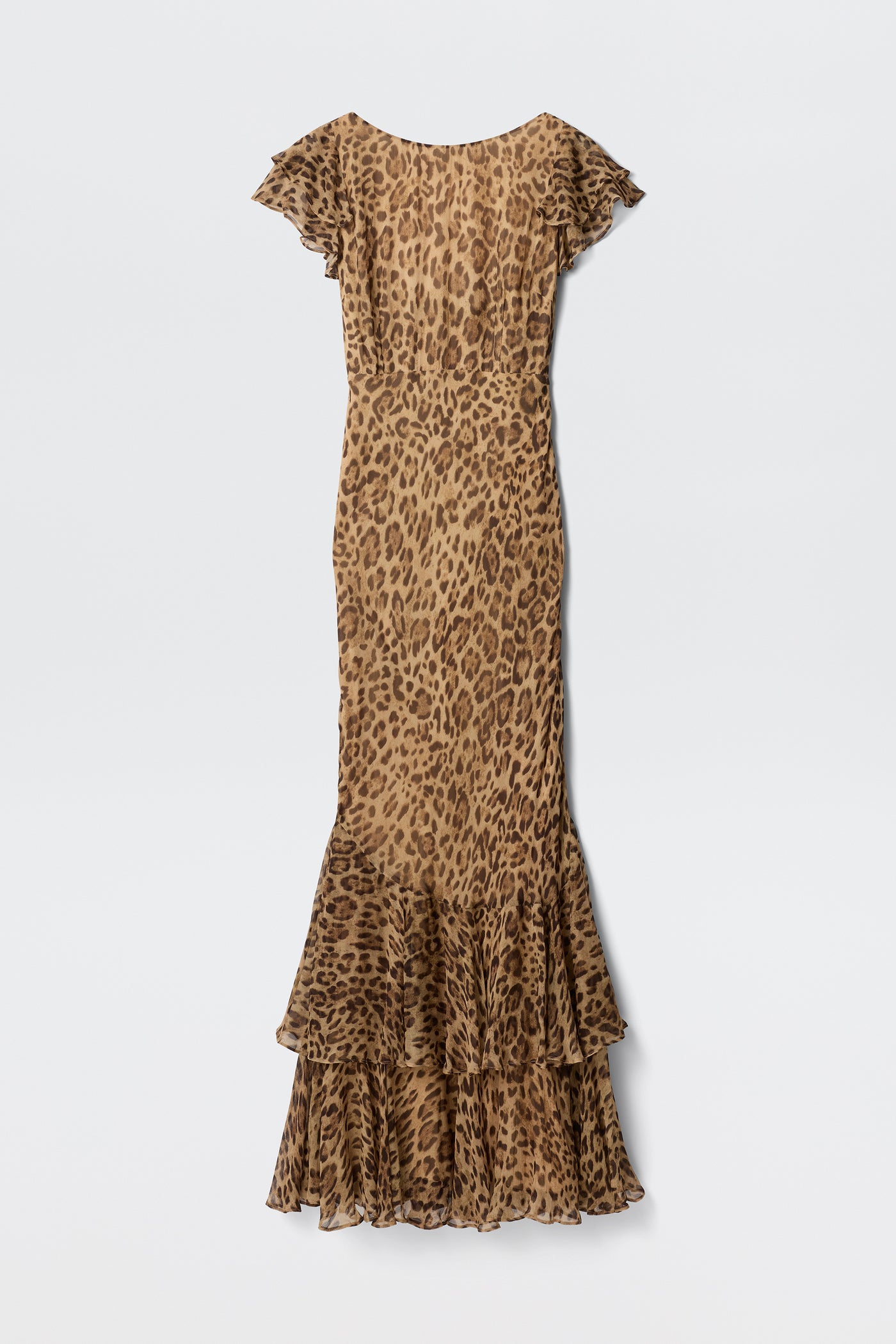 The Ordinia - Mila Leopard Brown gown features a brown and black leopard print, short flutter sleeves, and a flared tiered hem. This long, fitted dress is shown against a plain white background—perfect for black-tie weddings.
