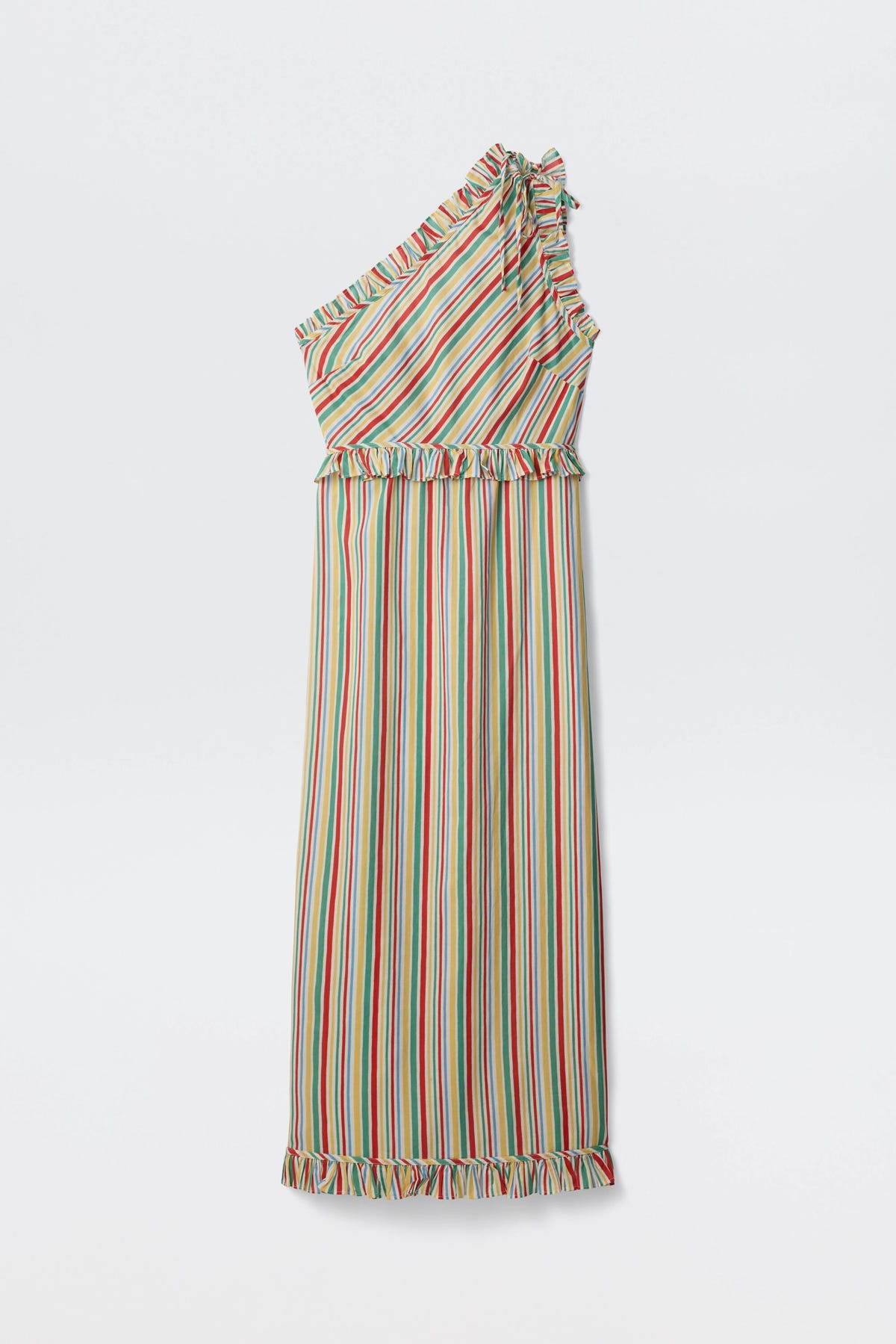 Arabelle - Maxime Stripe Ivory sleeveless, one-shoulder maxi dress featuring colorful vertical stripes and ruffle details at the neckline, waist, and hem, shown laid flat on a white background.