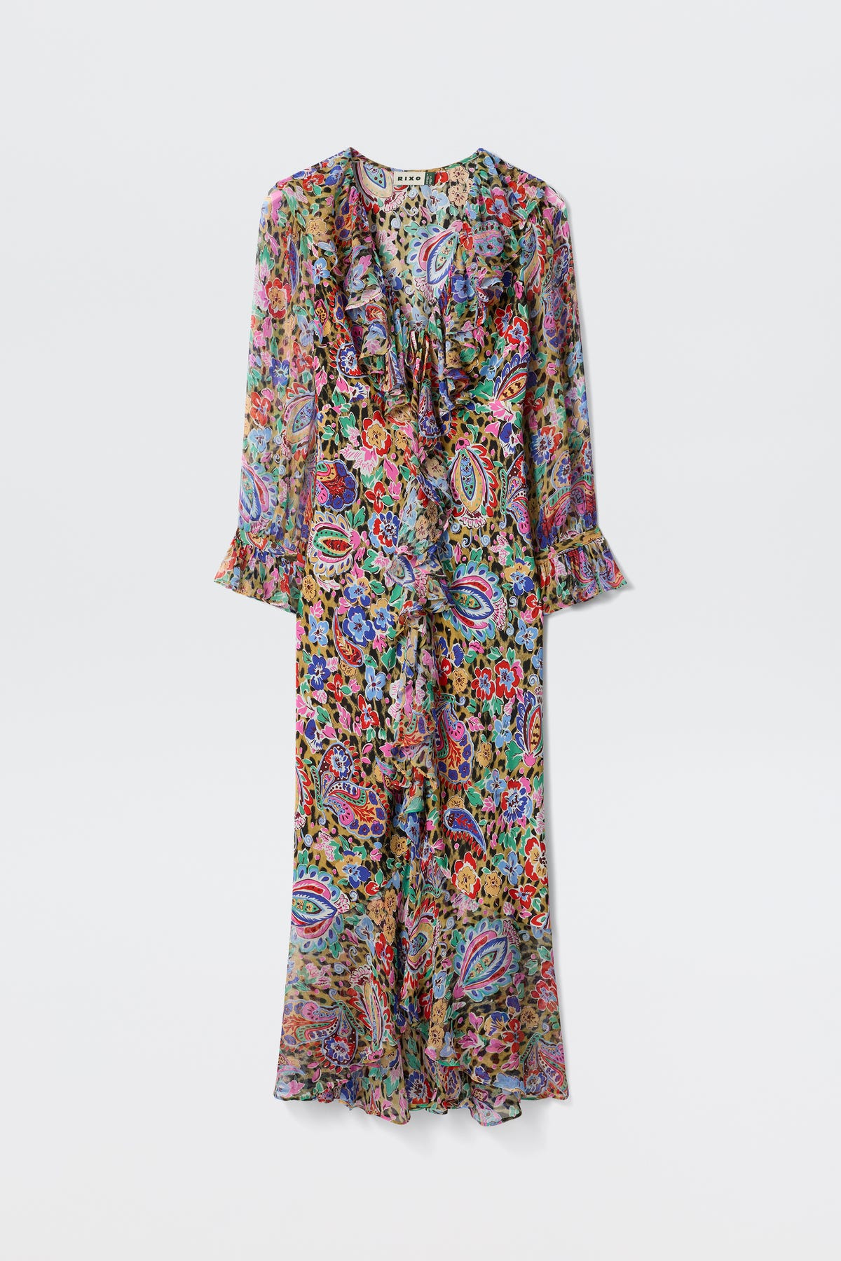 The Gracye - Cara Floral Leopard Brown is a long-sleeve, ankle-length dress with a floral and leopard print, featuring ruffled neckline and cuffs, shown against a plain white background.