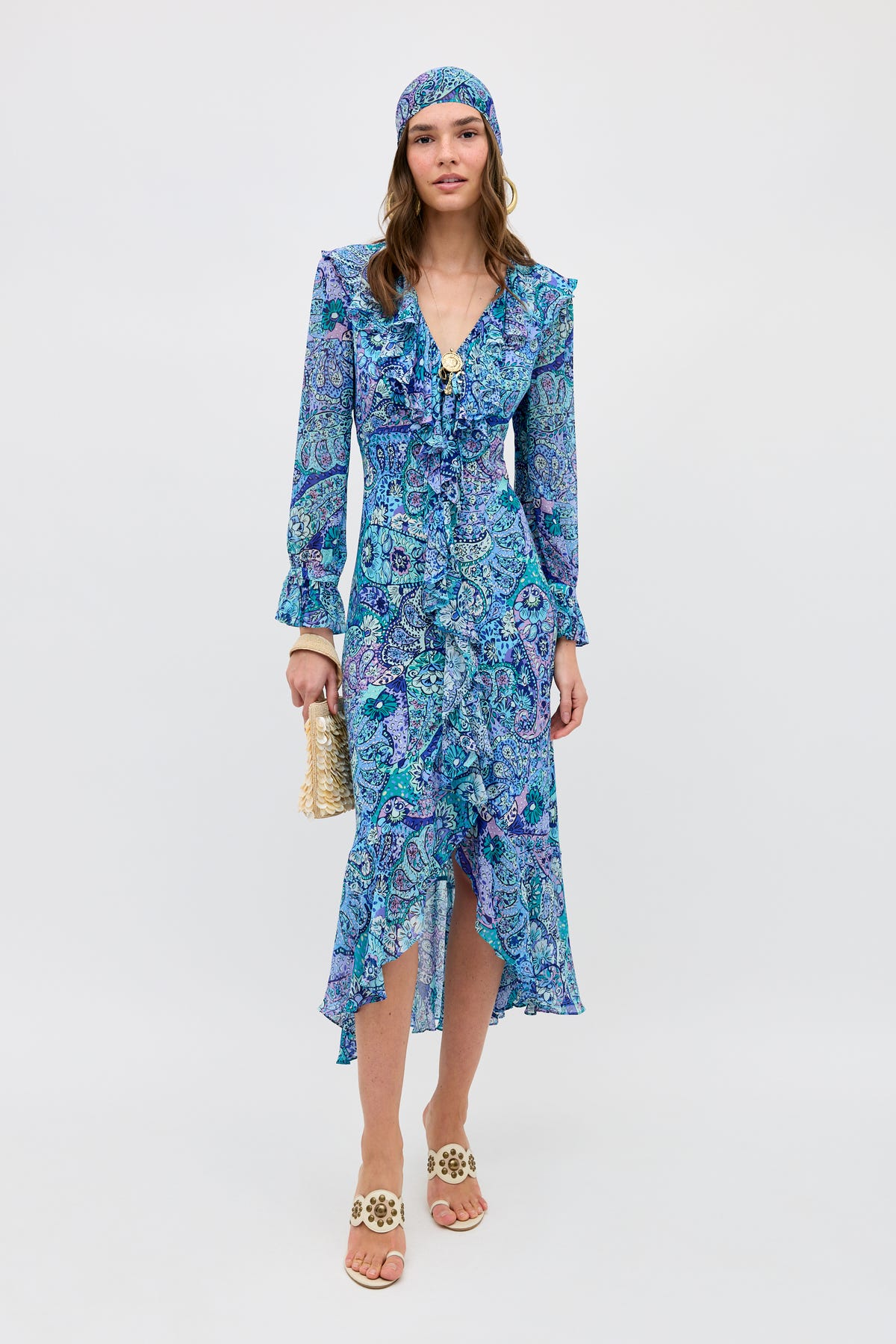 rixo midi dress Gracye Silk in Paisley Floral Blue ruched details men's leather brogues shoes R.Vivimos Summer Maxi Halter Color:4415 DENIM BLUE