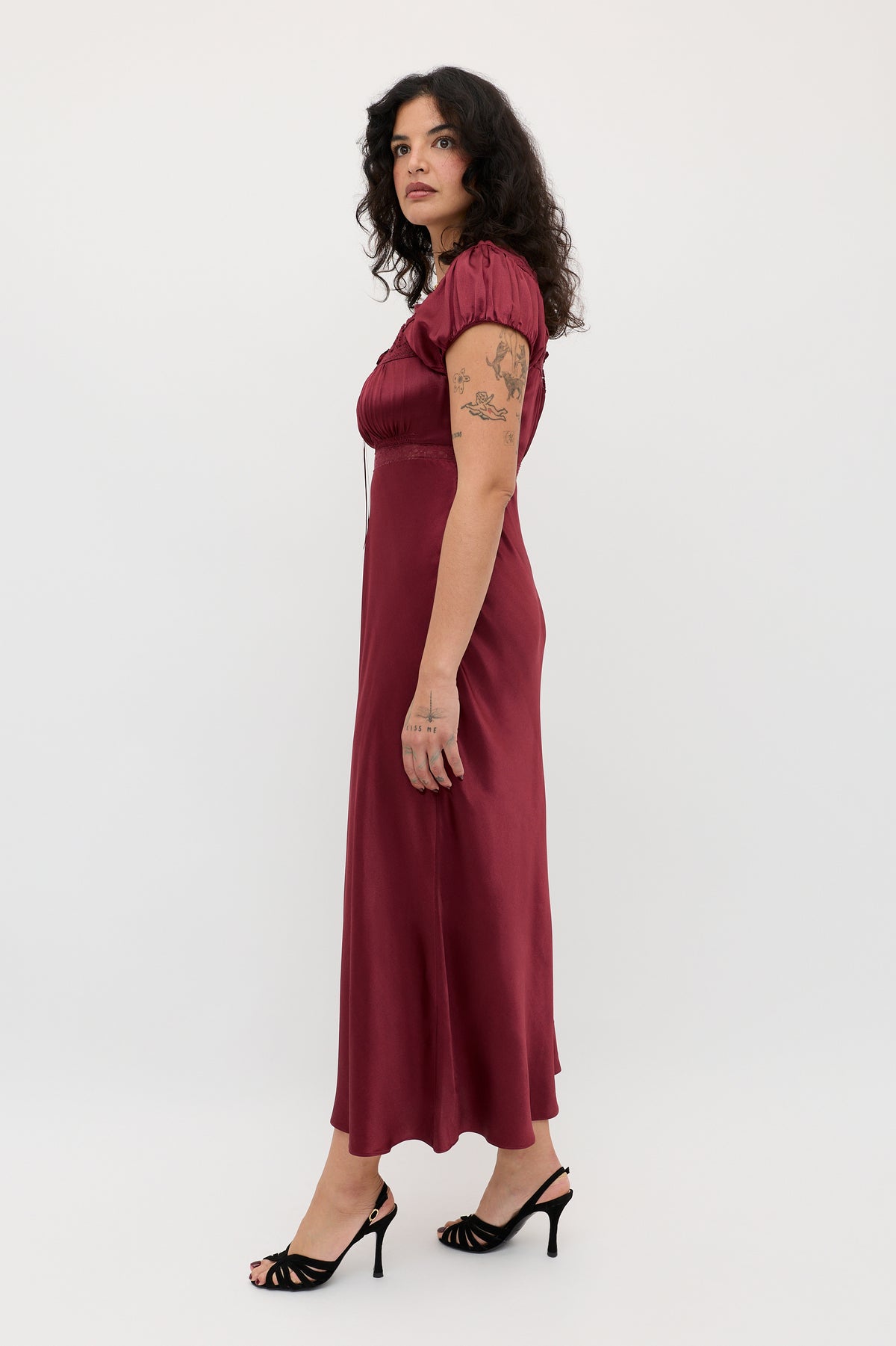 Maeva Satin Midi Dress in Burgundy Maroon | RIXO USA Maeva Satin Midi Dress in Burgundy Maroon | RIXO USA
