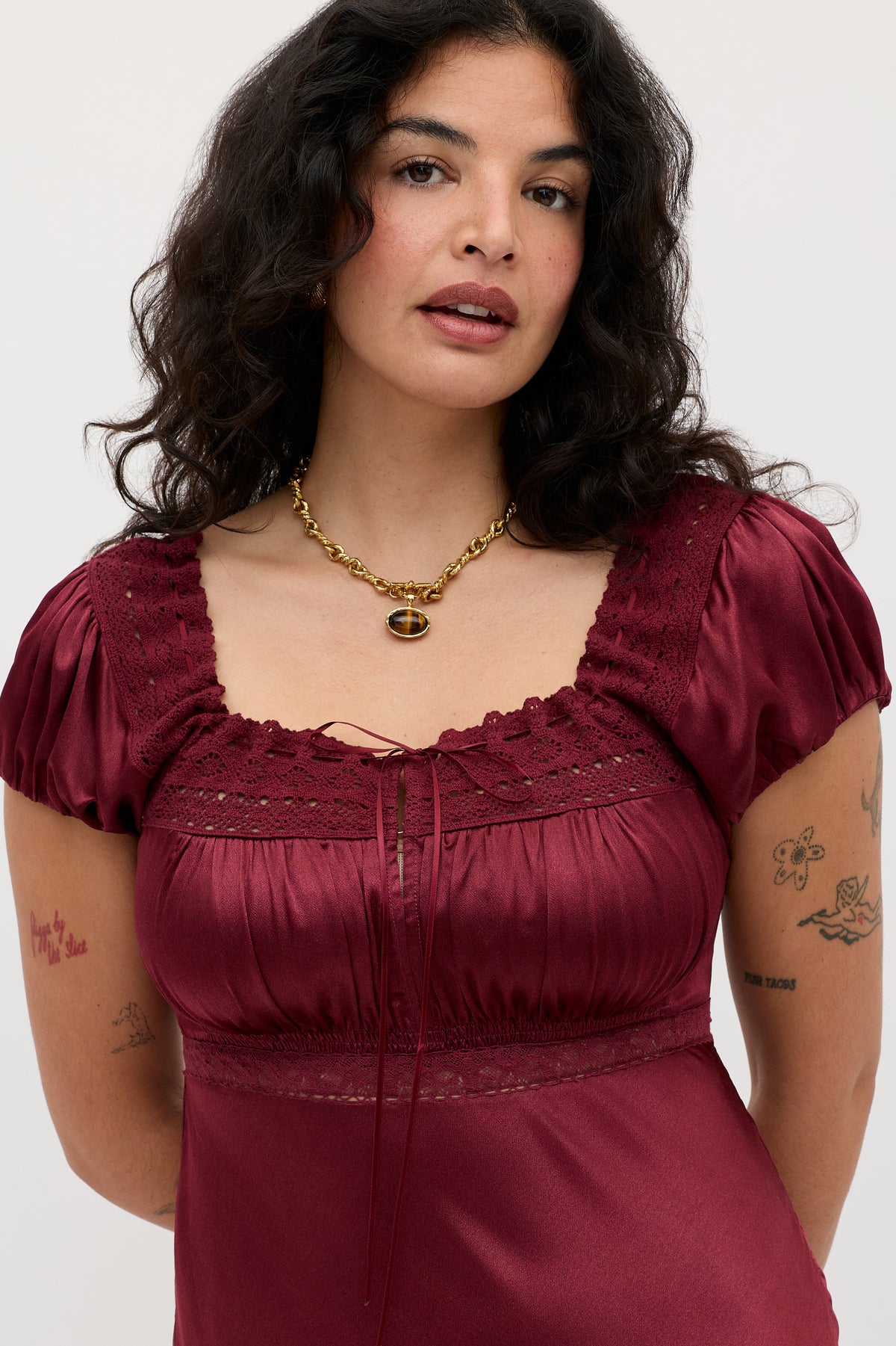 Maeva Satin Midi Dress in Burgundy Maroon | RIXO USA Maeva Satin Midi Dress in Burgundy Maroon | RIXO USA