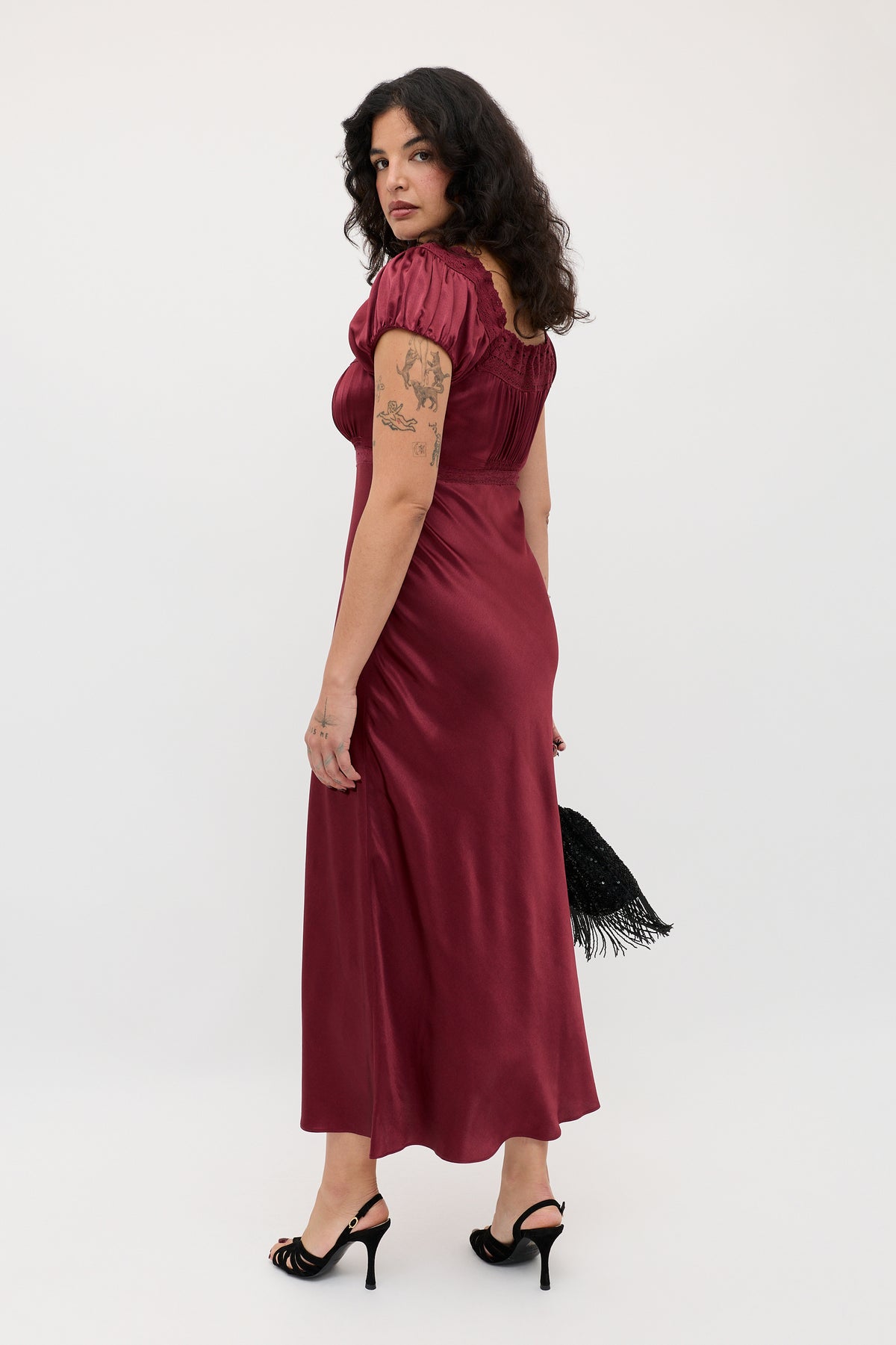 Maeva Satin Midi Dress in Burgundy Maroon | RIXO USA Maeva Satin Midi Dress in Burgundy Maroon | RIXO USA