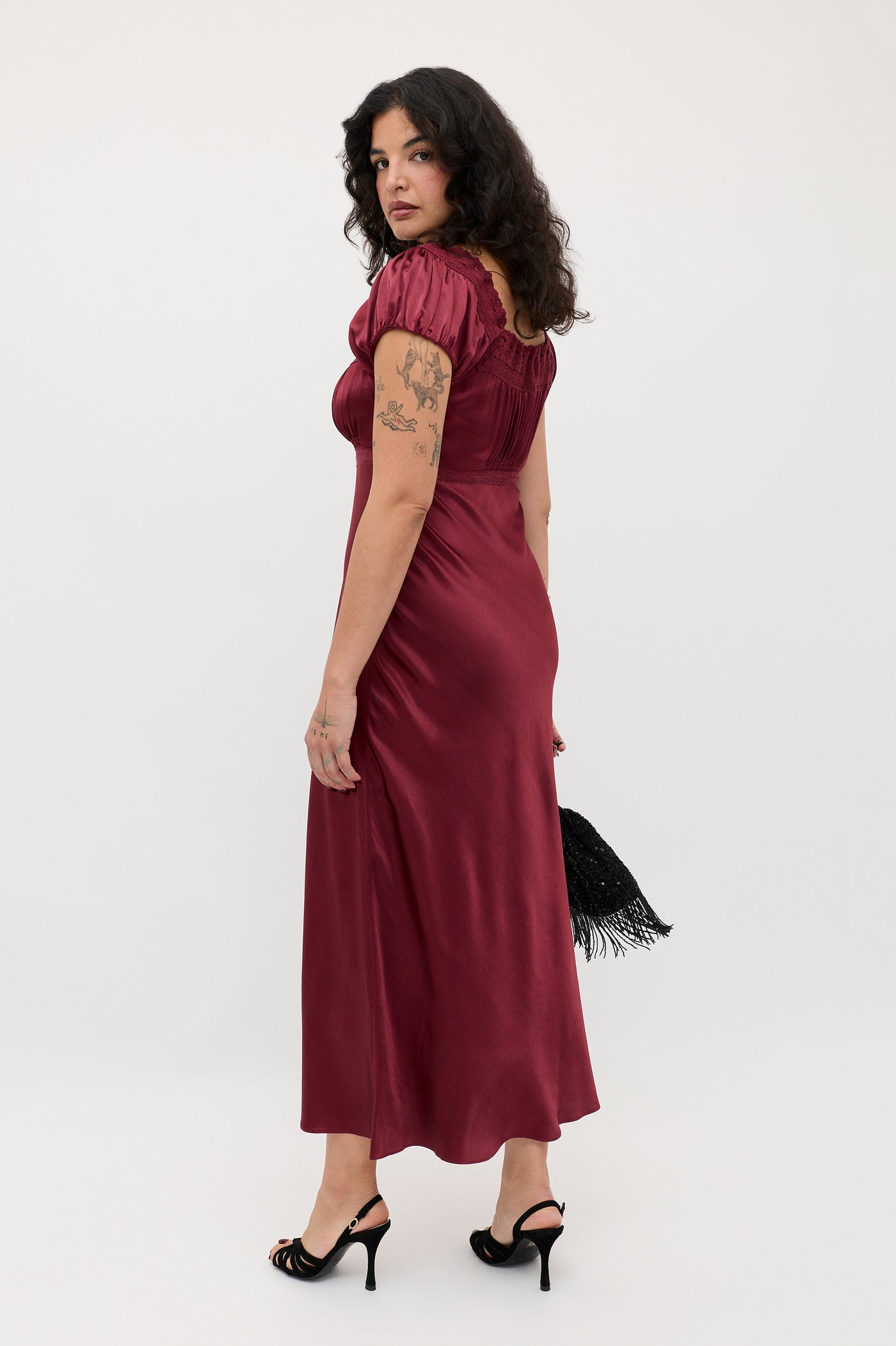 Maeva Satin Midi Dress in Burgundy Maroon Maeva Satin Midi Dress in Burgundy Maroon