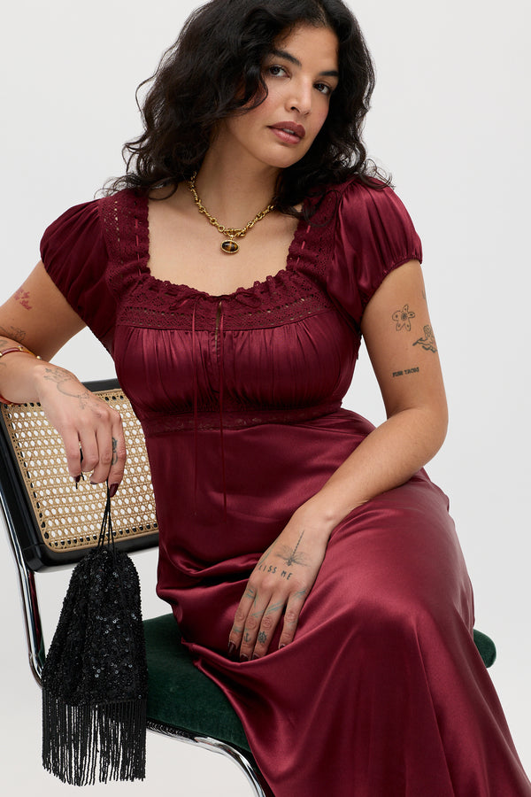 Maeva Satin Midi Dress in Burgundy Maroon | RIXO USA Maeva Satin Midi Dress in Burgundy Maroon | RIXO USA