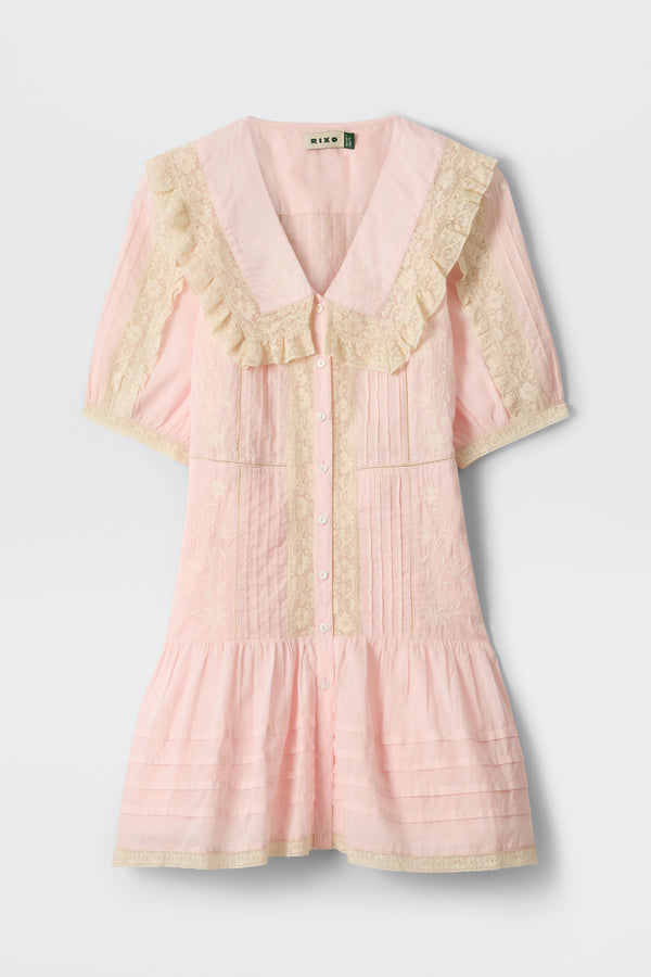 Dove Embroidered Cotton Mini Dress in Pansy Embroidery Vintage Pink
