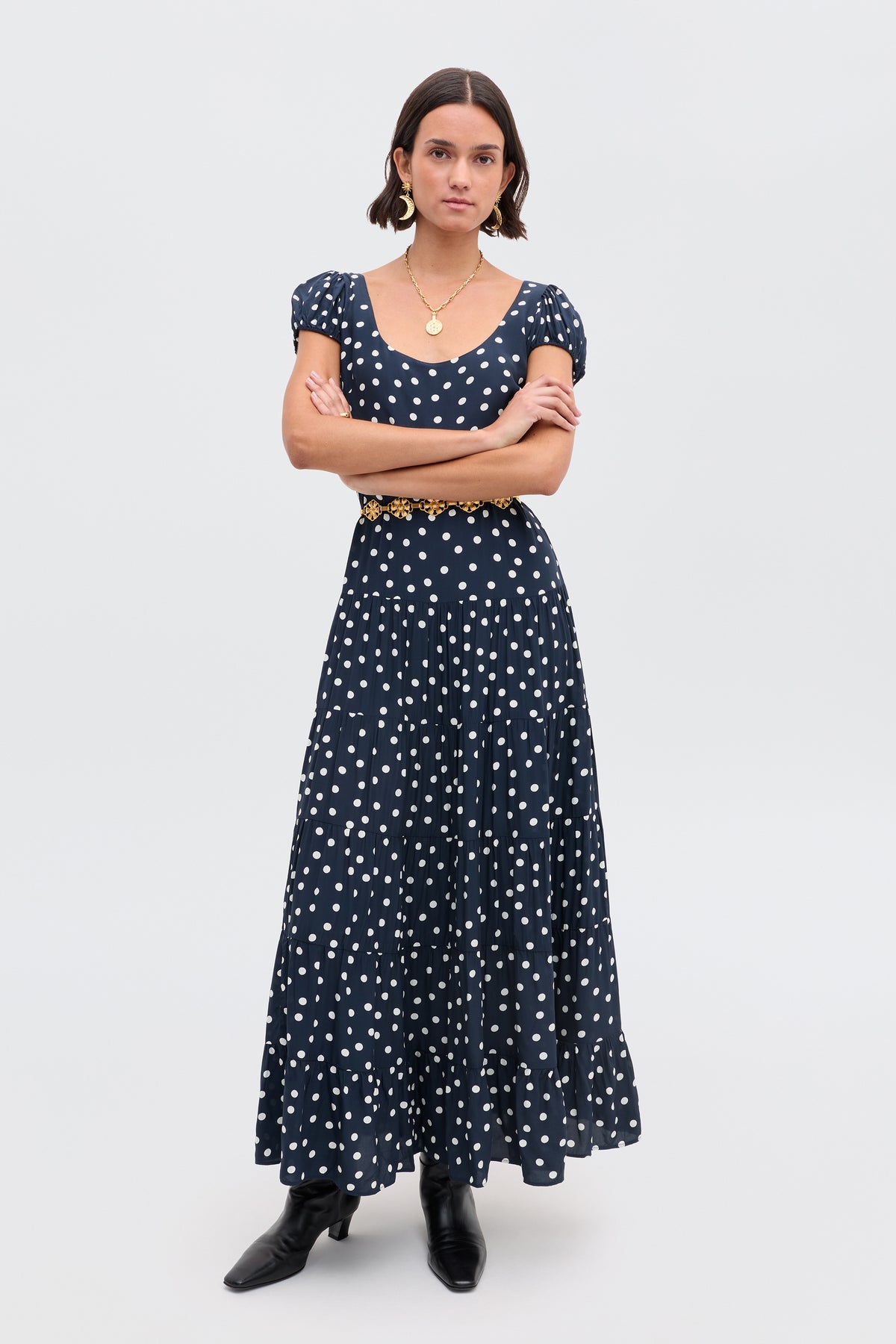 Remi Midi Dress in Bohemia Spot Deep Navy | RIXO USA Remi Midi Dress in Bohemia Spot Deep Navy | RIXO USA