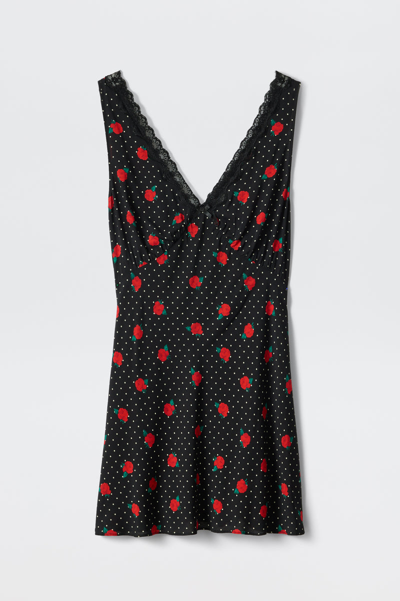 black and red polka dot dress Leighton Mini Dress in Rose Spot Black