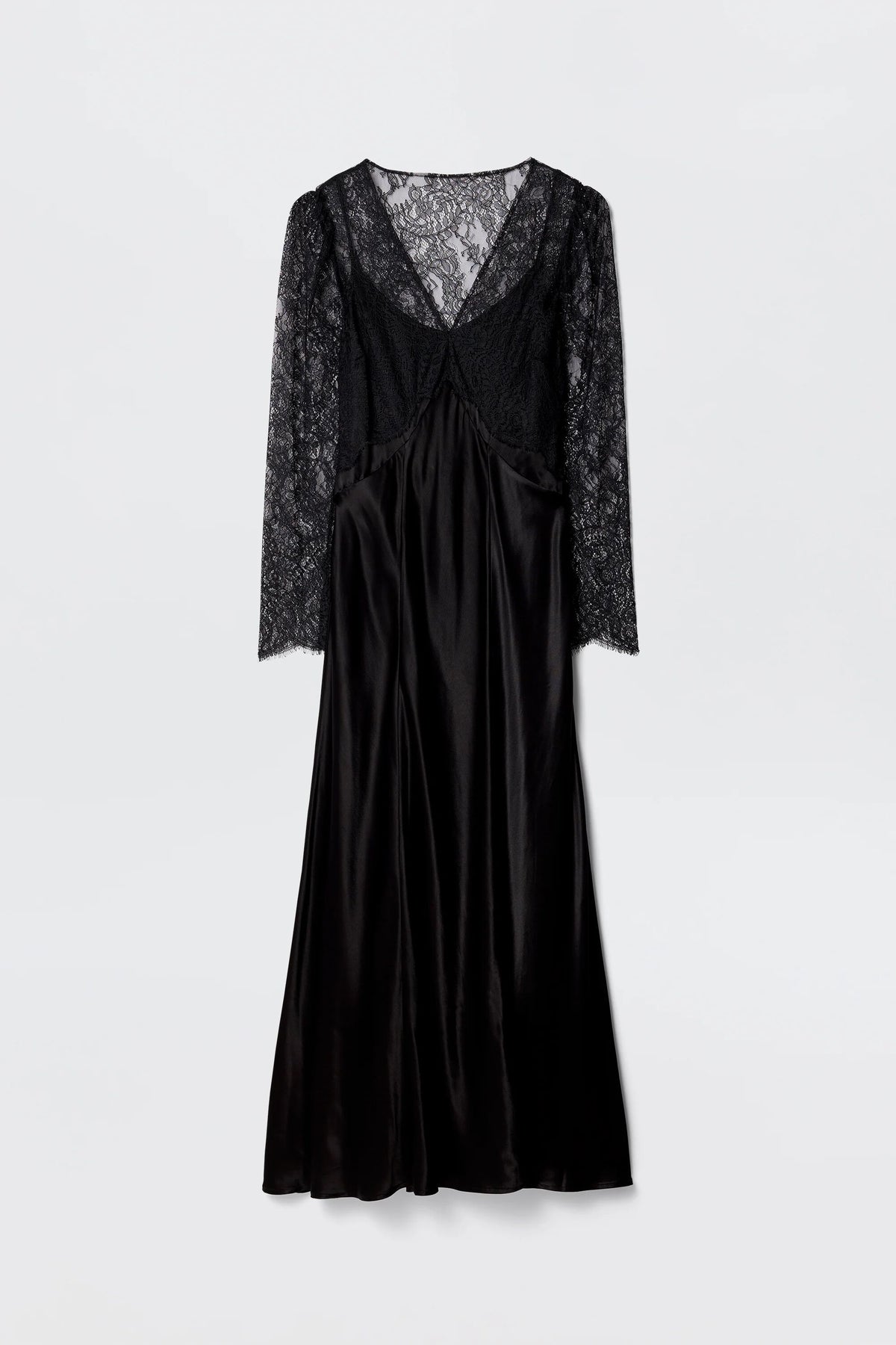 The Laoise - Black is a vintage-inspired dress with a V-neck, lace long sleeves and bodice, and a flowing satin skirt, shown elegantly against a plain light background.