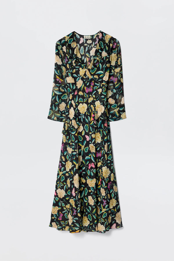 Cedar Silk Midi dress in Green Butterfly Floral Charcoal | RIXO USA Cedar Silk Midi dress in Green Butterfly Floral Charcoal | RIXO USA