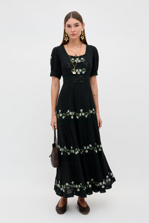 black dress with white embroidered flowers Embroidered Linen Mini Dress