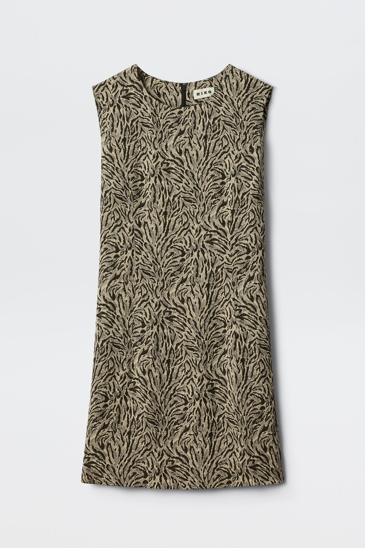 The Katrin - Sun Leo Tan is a sleeveless, knee-length dress with a brown and black abstract leaf or animal print, shown flat on a white background.