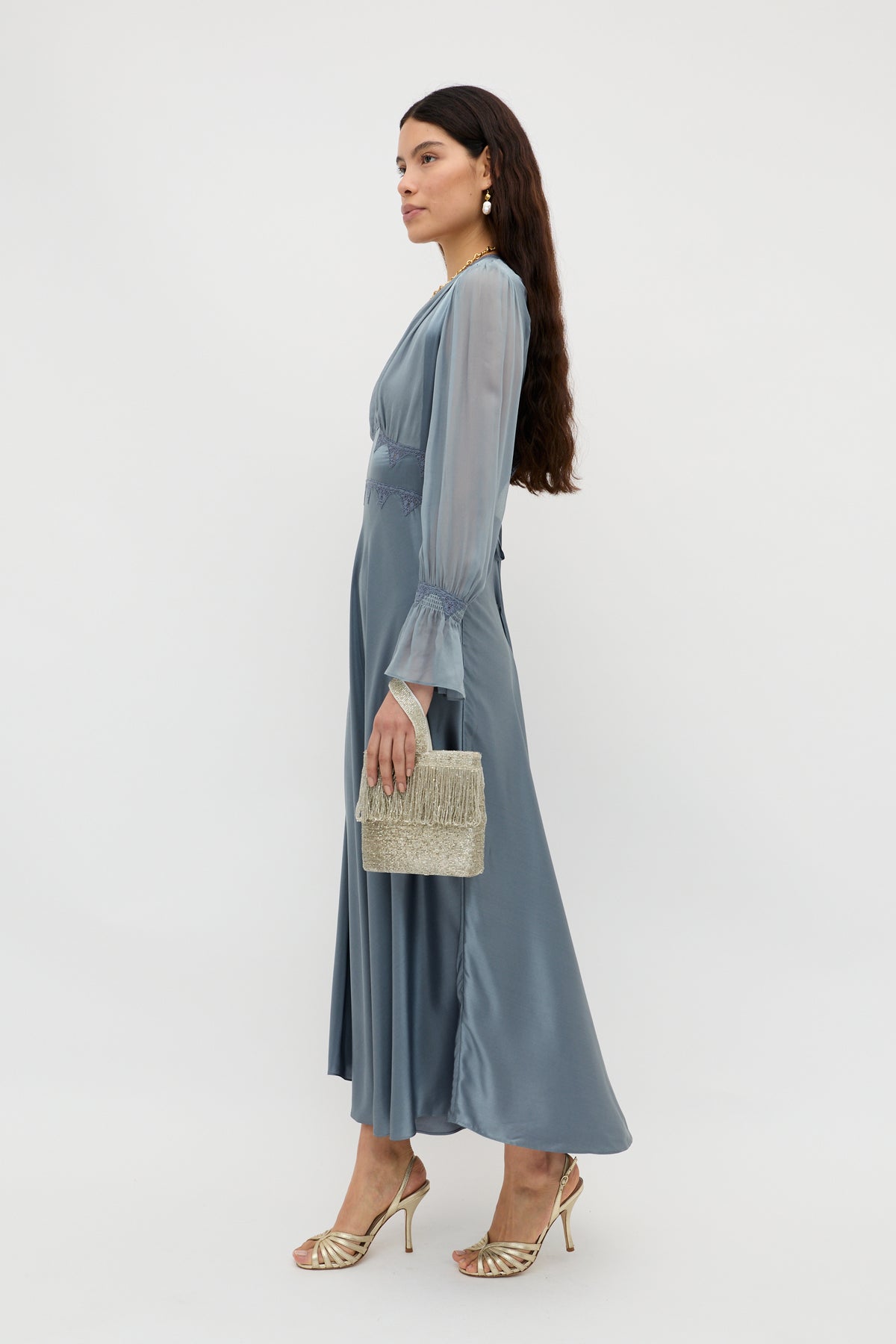 Arlena Silk-Satin Dress in Stone Blue | RIXO USA Arlena Silk-Satin Dress in Stone Blue | RIXO USA