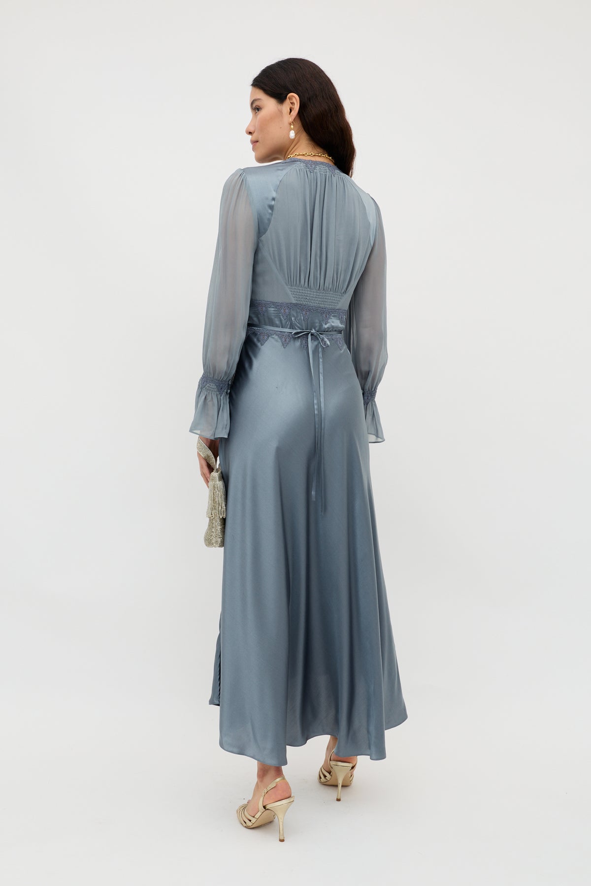 Arlena Silk-Satin Dress in Stone Blue | RIXO USA Arlena Silk-Satin Dress in Stone Blue | RIXO USA