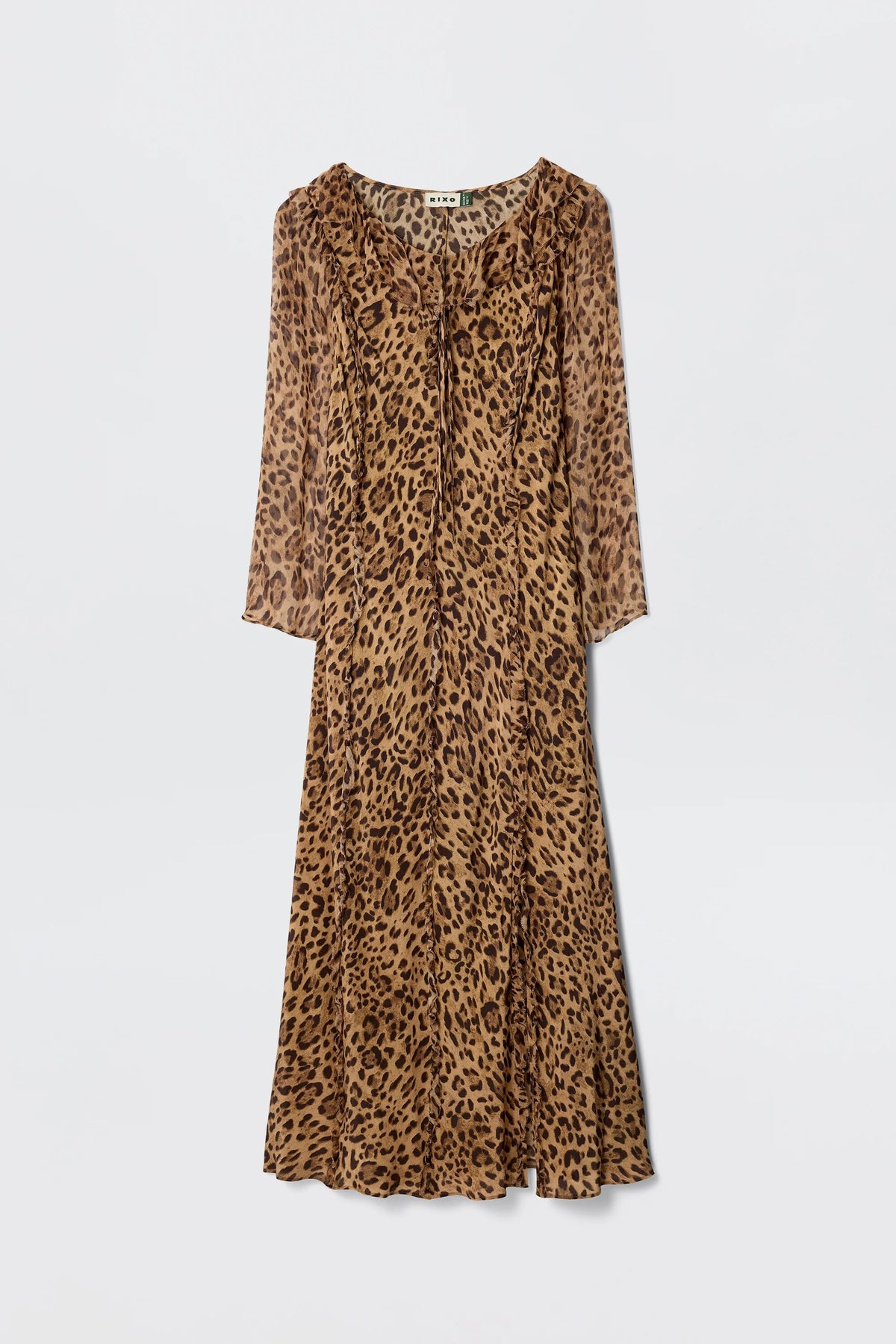 The Coralyn - Mila Leopard Brown is a brown silk leopard print dress featuring three-quarter sleeves and a V-neckline, shown against a plain white background.