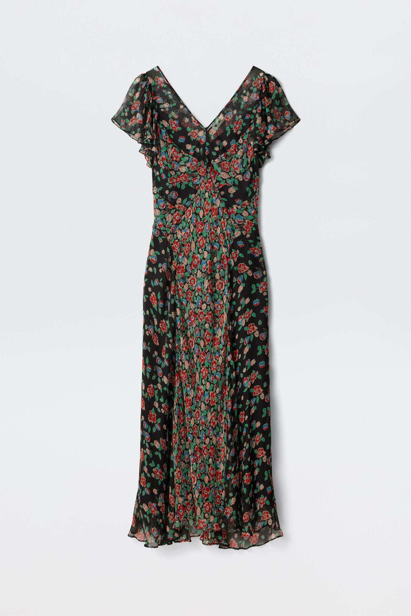 The Bexley - Jeannie Mix Charcoal is a calf-length, short-sleeved black dress with a V-neckline, fitted waist, and flowing skirt. It features a colorful red and green floral print.